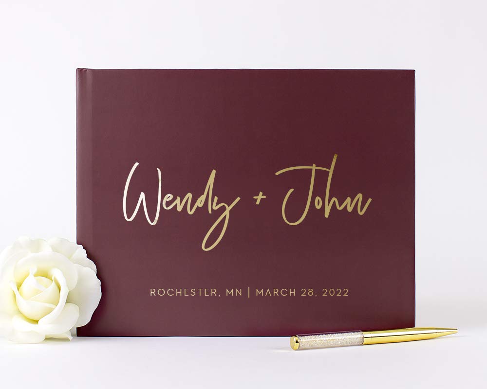 Personalized Wedding Guest Book with Names - Custom Photo Album & Alternative Guestbook - Burgundy Wine Gold Foil Hardcover (10x8 inches) - Perfect for Anniversaries, Bridal Showers & Wedding Receptions