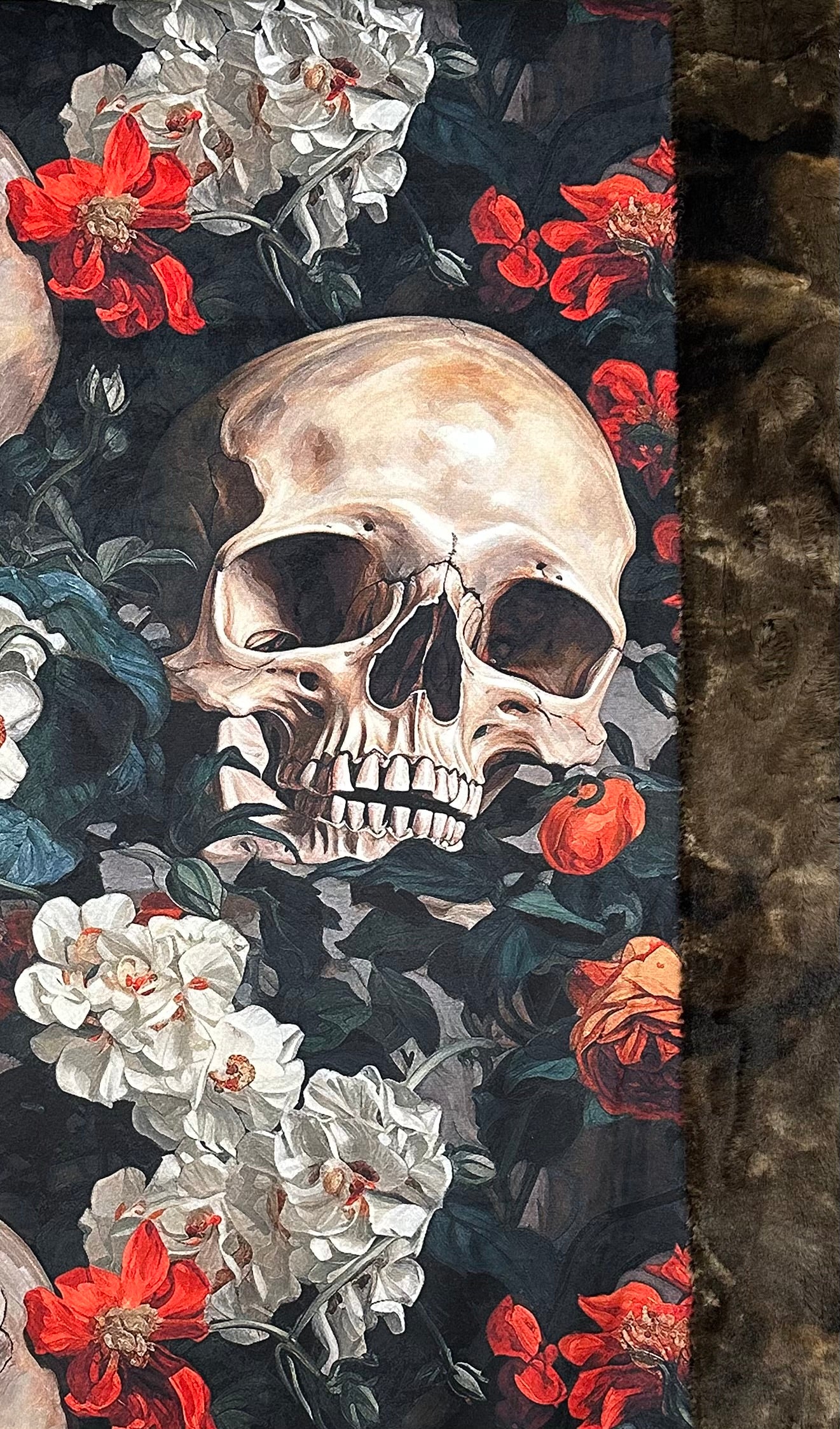 Blooming Skull Garden Design Brown Luxe Large 55x79 Inch Minky Blanket - Soft Cozy Throw for Bed, Couch & Home Decor