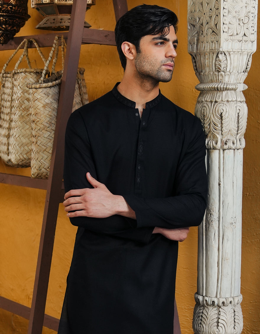 Premium Cotton Black Kurta by J. Junaid Jamshed - Stylish Pakistani Traditional Wear for Men - Perfect for Eid, Weddings & Cultural Events