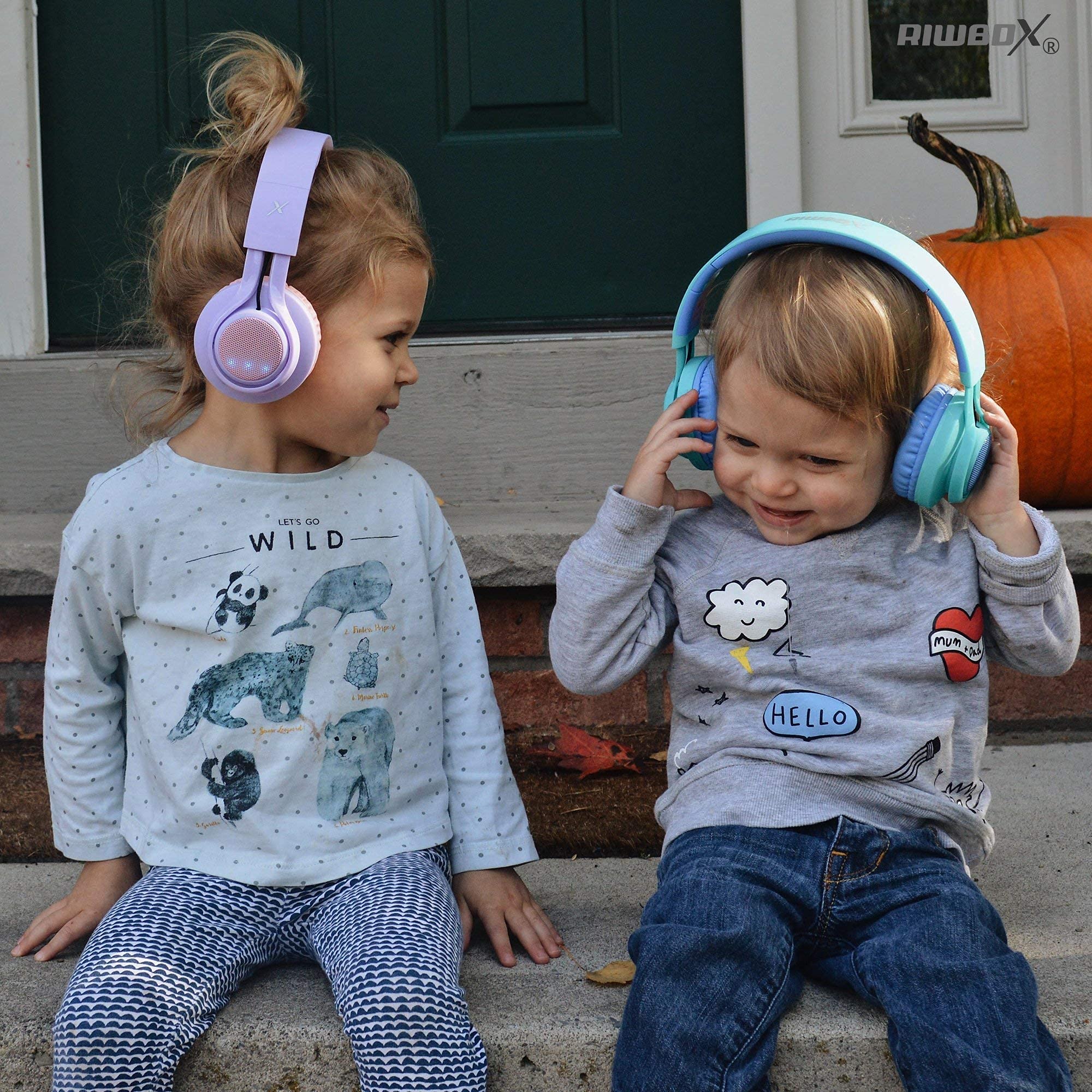 Riwbox WT-7S Wireless Kids Headphones 2 Pack - Foldable Stereo Bluetooth Headset with Built-in Mic & Volume Control for Children - Compatible with PC, Laptop, Tablet, iPad (Purple & Blue) - Perfect for Online Learning, Travel & Entertainment