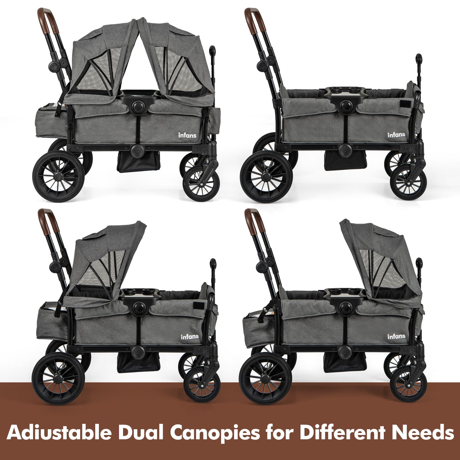 **INFANS 2-in-1 Collapsible Stroller Wagon for Kids – Adjustable Push/Pull Handle, Removable Canopy & Snack Tray, Padded Seats & Drop-Down Footwell – Perfect for Beach, Park, and Family Outings**