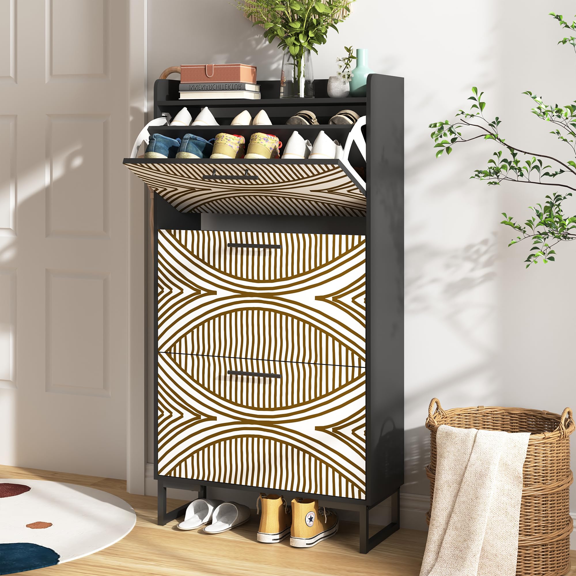 Spaco Narrow Shoe Storage Cabinet with 3 Flip Drawers - Slim Hidden Shoe Rack Organizer with Metal Legs for Entryway & Hallway - Perfect for Small Spaces & Apartment Living