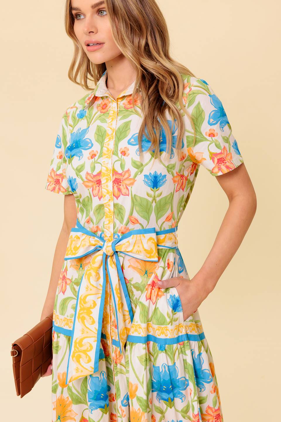 Ivory Floral Shirt Dress for Women - Elegant Casual Summer Dress for Office, Brunch & Date Night