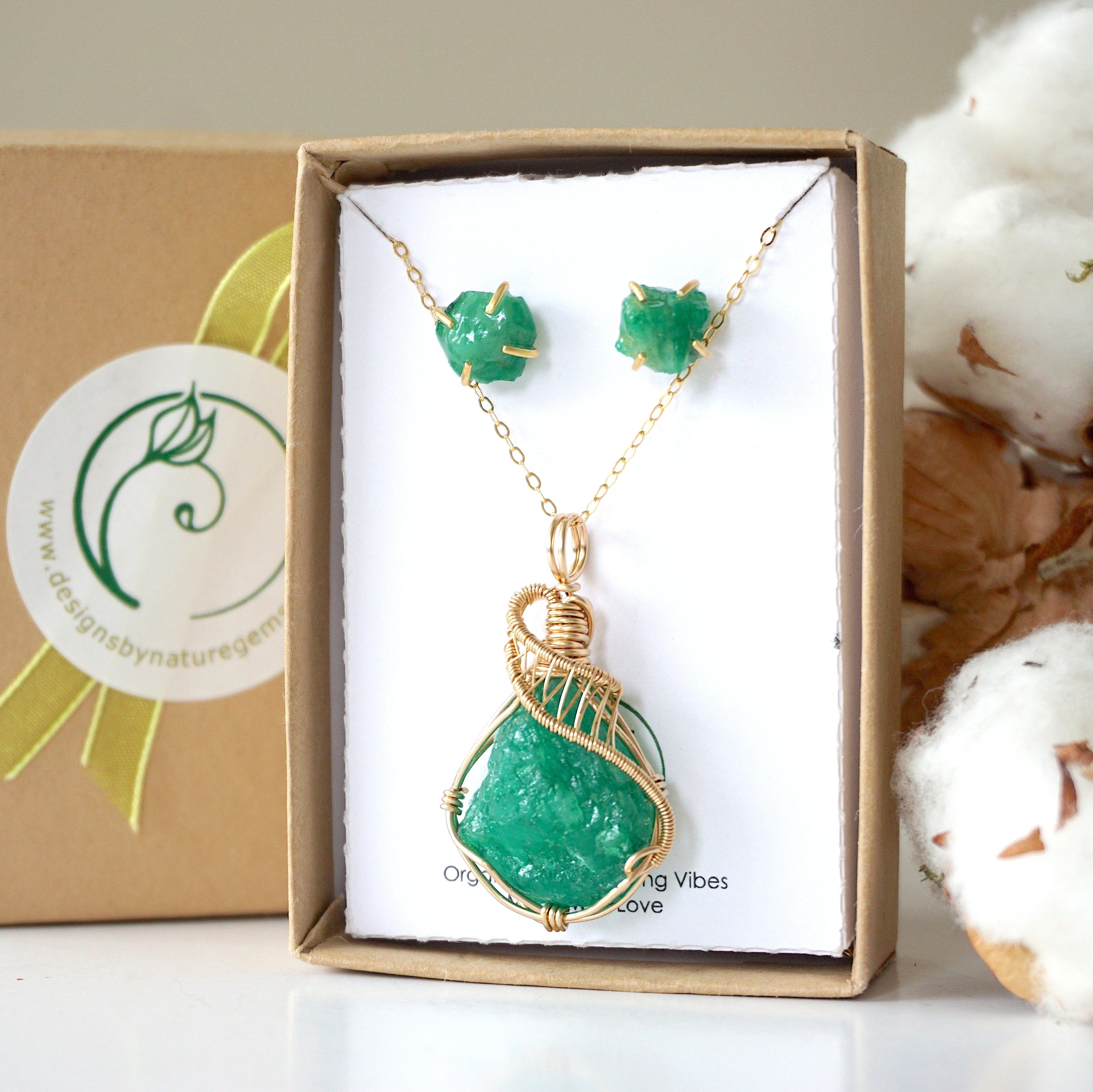 Emerald Jewelry Gift Set - 14K Gold Filled Necklace & Earrings Set for Women | Elegant Birthstone Jewelry for Anniversary, Birthday & Special Occasions | Perfect Gift for Mom, Wife, Girlfriend