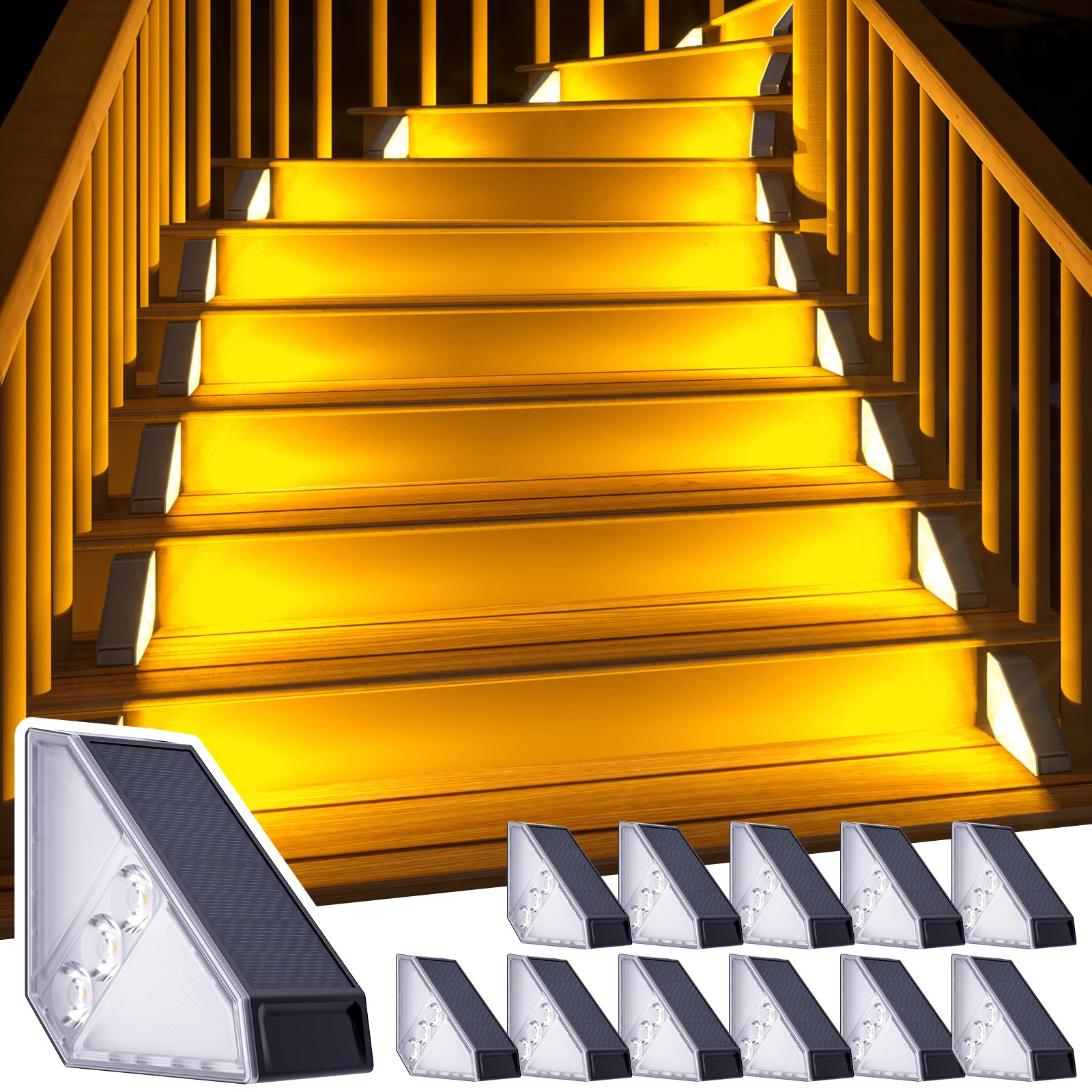 ROSHWEY 12 Pack Solar Step Lights for Outdoor Stairs, Waterproof Triangle Deck Lights - Solar Powered Warm White Lighting for Front Porch, Backyard, Patio & Garden Pathways | Perfect for Nighttime Safety and Landscape Decoration