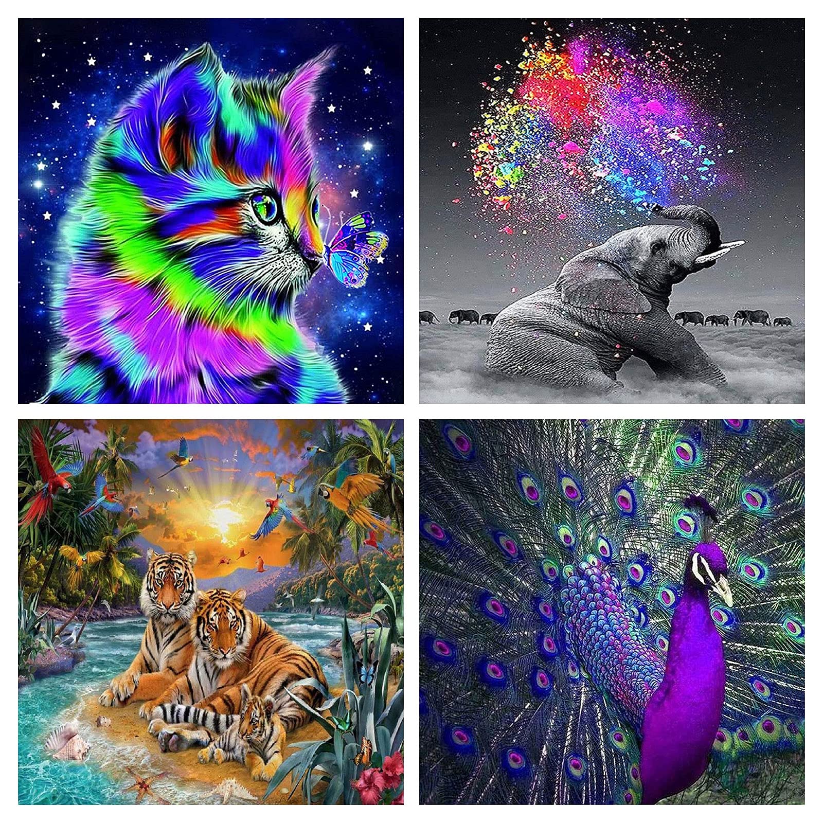 AkiiGer 4 Pack 5D Diamond Painting Kits for Adults - Full Drill Animal Designs (Cats, Tigers, Peacocks, Elephants) 11.8x11.8 Inch DIY Art Craft - Perfect for Home Decor, Stress Relief & Creative Gift Ideas