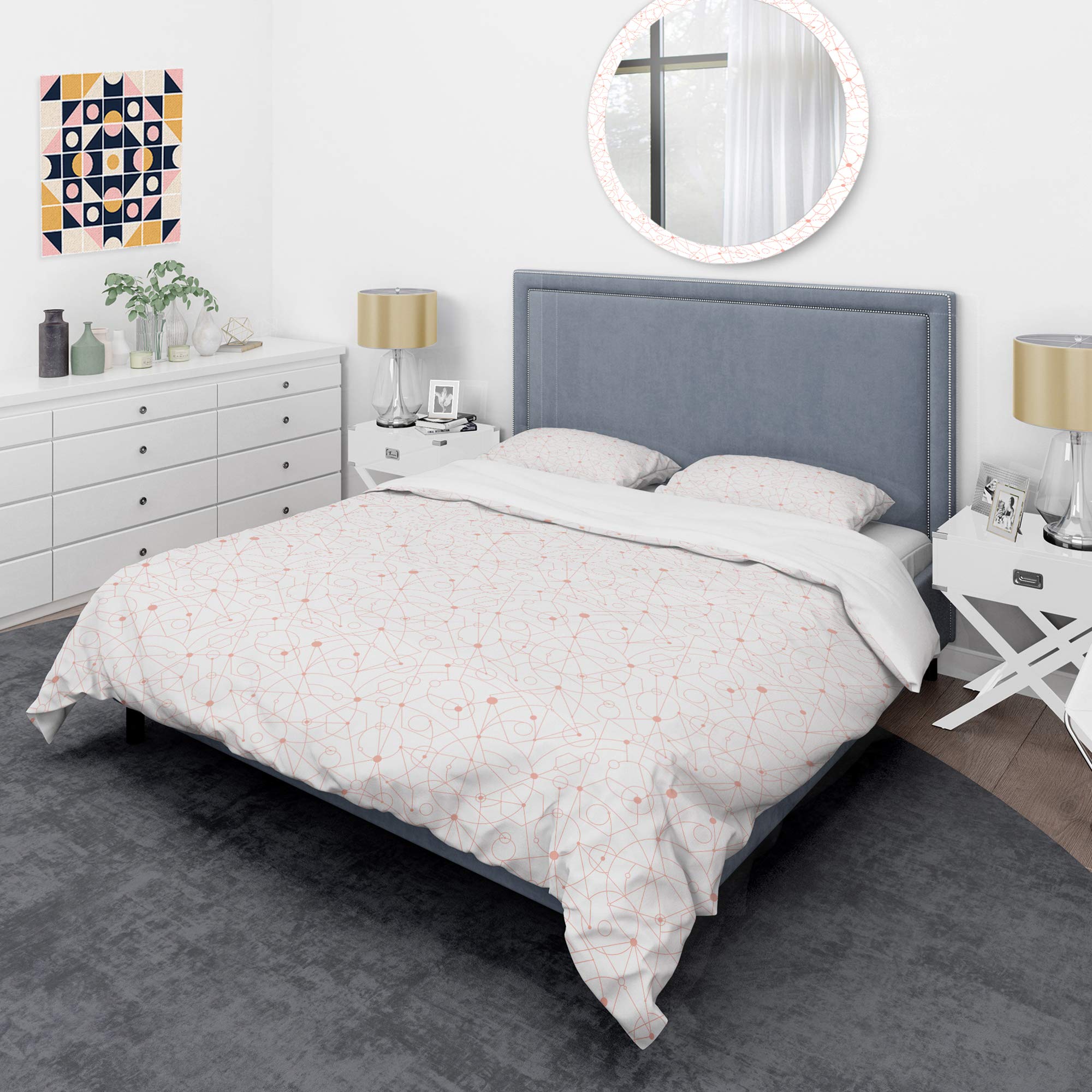 Retro Geometric Grid II Mid-Century Modern Duvet Cover Set - King Size White Bedding (3-Piece) | All Season Comfort for Master Bedroom & Guest Room Decor