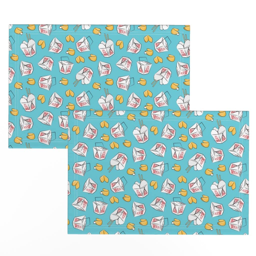 Premium Linen Cotton Canvas Placemats Set of 2 - Chinese Fortune Cookie Design Blue Print Cloth for Dining Table Decor | Perfect for Asian Cuisine, Dinner Parties & Home Decor