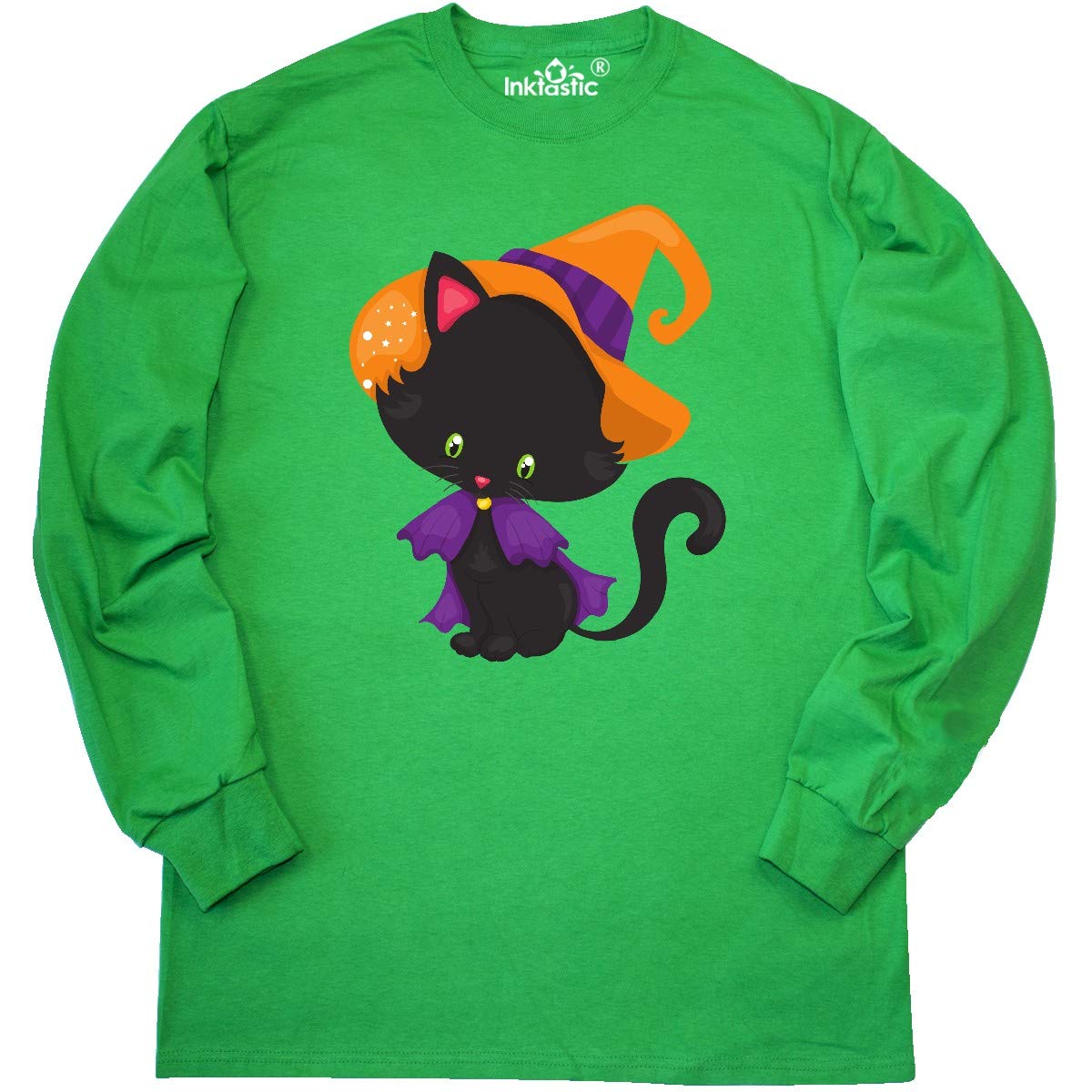 Inktastic Halloween Cat T-Shirt - Cute Black Cat with Witch Hat Design | Long Sleeve Graphic Tee for Women & Men | Perfect for Halloween Parties, Costume Events & Fall Outfits