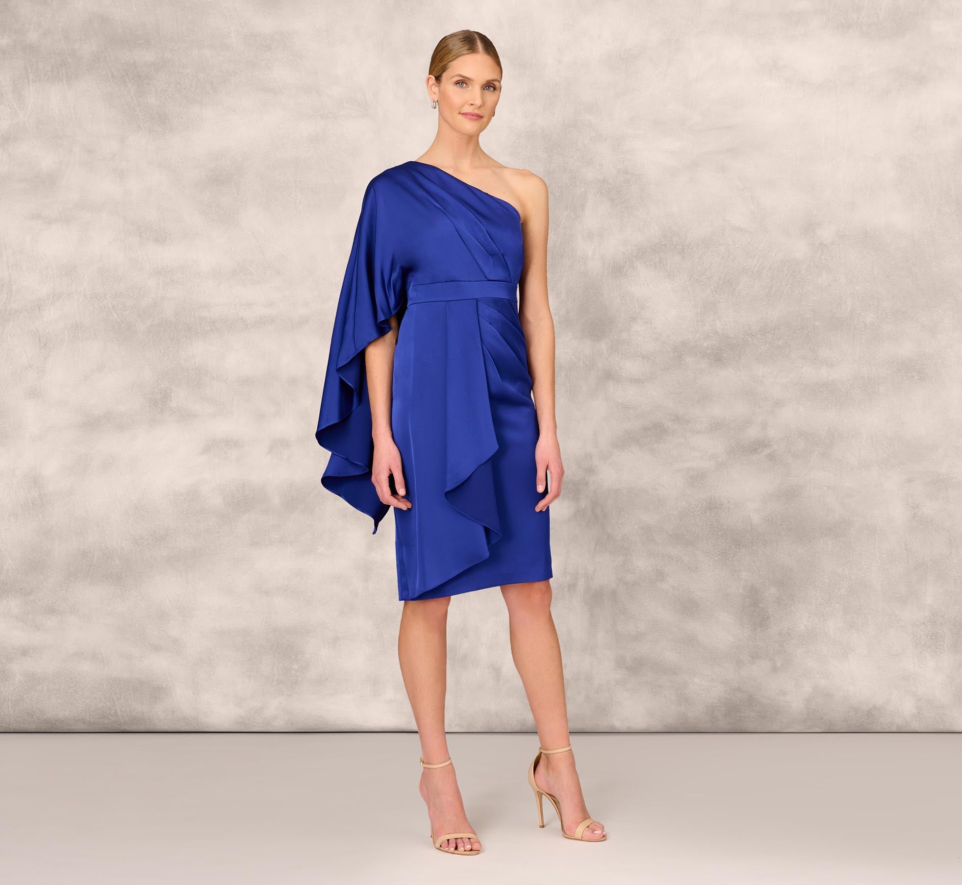 Elegant One Shoulder Satin Draped Sheath Dress with Crepe Back & Cape - Royal Sapphire Blue Formal Gown for Evening Parties, Prom, Cocktail Events & Special Occasions