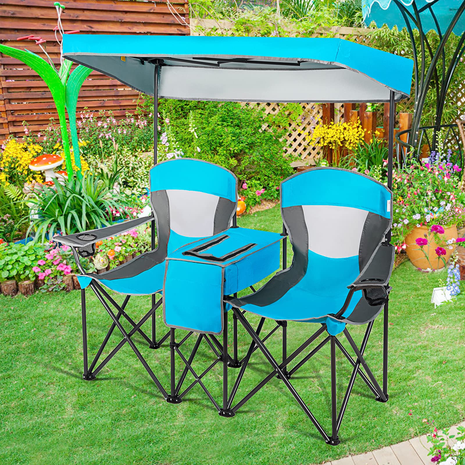 Goplus Double Beach Chair with Canopy Shade - Portable Folding Lawn & Camping Chair with Sunshade, Mini Table, Beverage Holder & Carrying Bag - Perfect for Outdoor Travel, Hiking, Fishing, Poolside Relaxation (Blue)