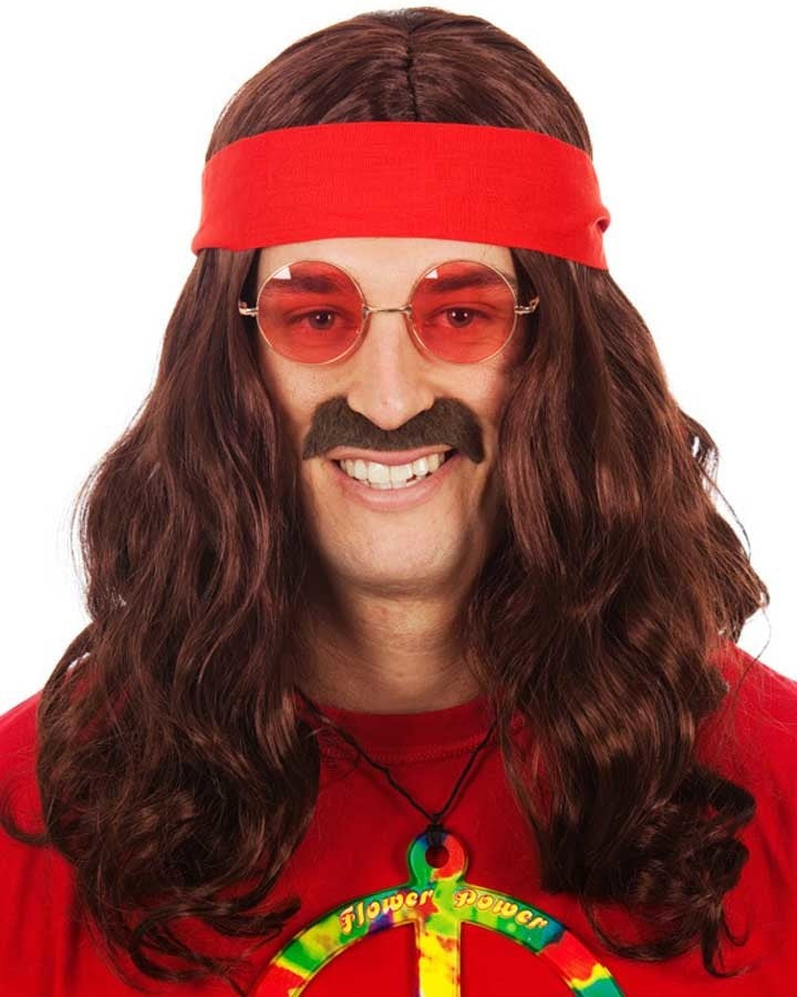 60s Hippie Style Long Brown Wig with Red Headband - Perfect for Halloween Costumes, Cosplay, and Retro Themed Parties