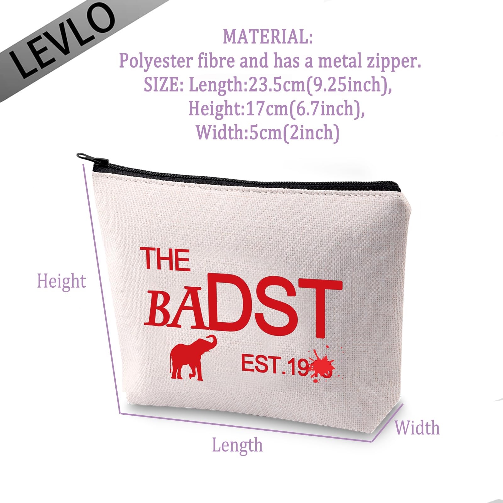 LEVLO Sisters Sorority Cosmetic Bags - The Baddest Est.13 Elephant Makeup Pouch for Sorority Sisters | Cute Birthday Gift & Travel Organizer (White) - Perfect for College Dorms, Girls Trips & Greek Life Events