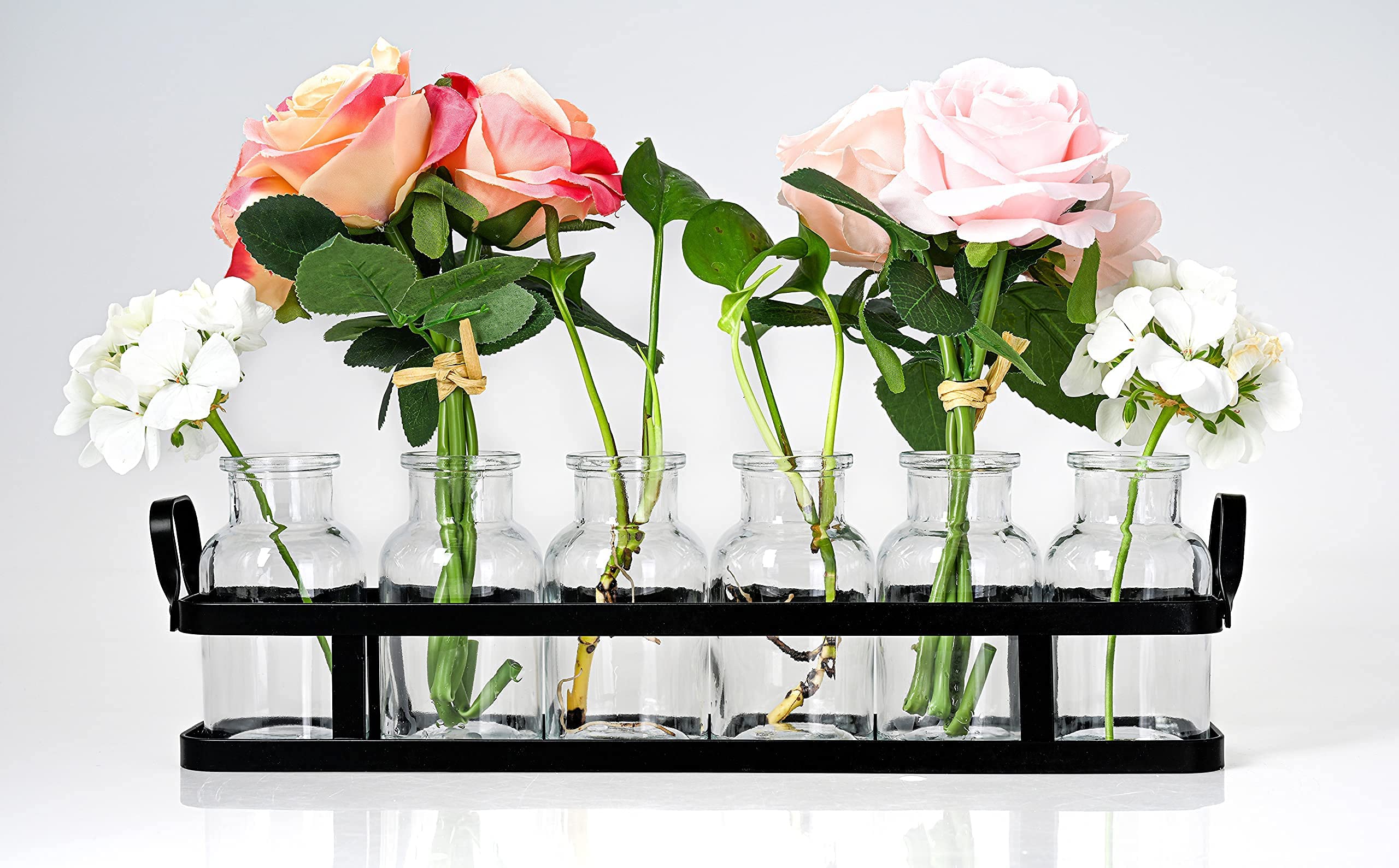 6-Piece Glass Flower Vase Set with Metal Holder - Modern Home Decor for Wedding, Table, Kitchen, Bathroom & Bedroom - Perfect for Flower Arrangements & Shelf Decor (Ideal for Centerpieces, Gift Giving & Interior Design Styling)