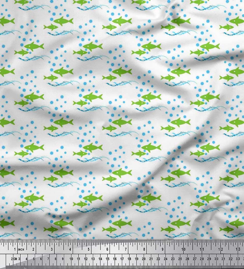 Soimoi Silk Green Fabric by The Yard - 42 Inch Wide Ocean Waves & Fish Print Material for DIY Sewing, Home Decor, Curtains & Upholstery - Nautical Themed Printed Silk Fabric for Dresses, Scarves & Craft Projects