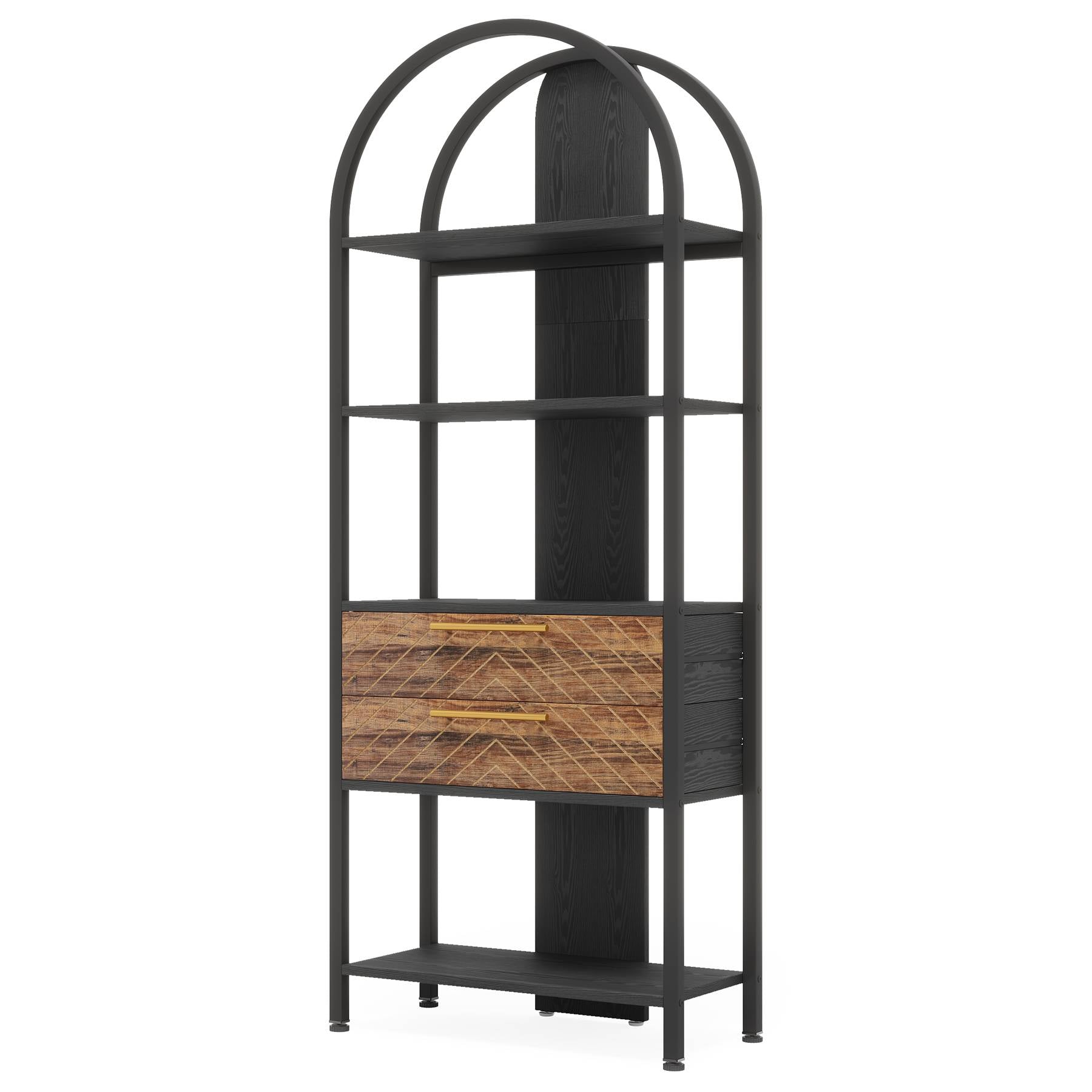 4-Tier Industrial Bookshelf with 2 Storage Drawers & LED Lights - Sturdy Metal Bookcase for Living Room, Office, or Bedroom Organization