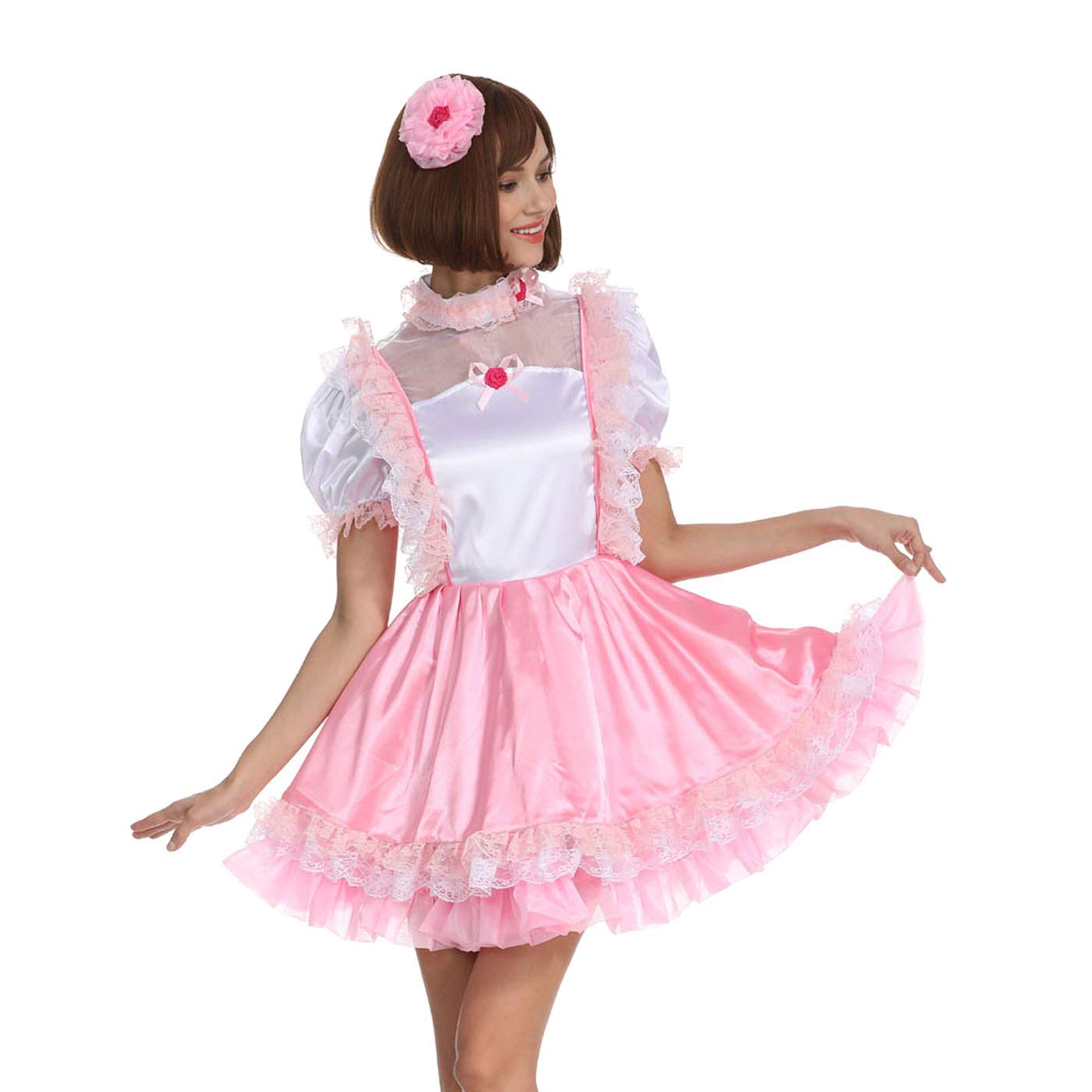 Sexy Pink and White Satin French Maid Dress with Ruffled Sleeves - Women's Crossdressing Costume for Cosplay, Halloween & Role Play