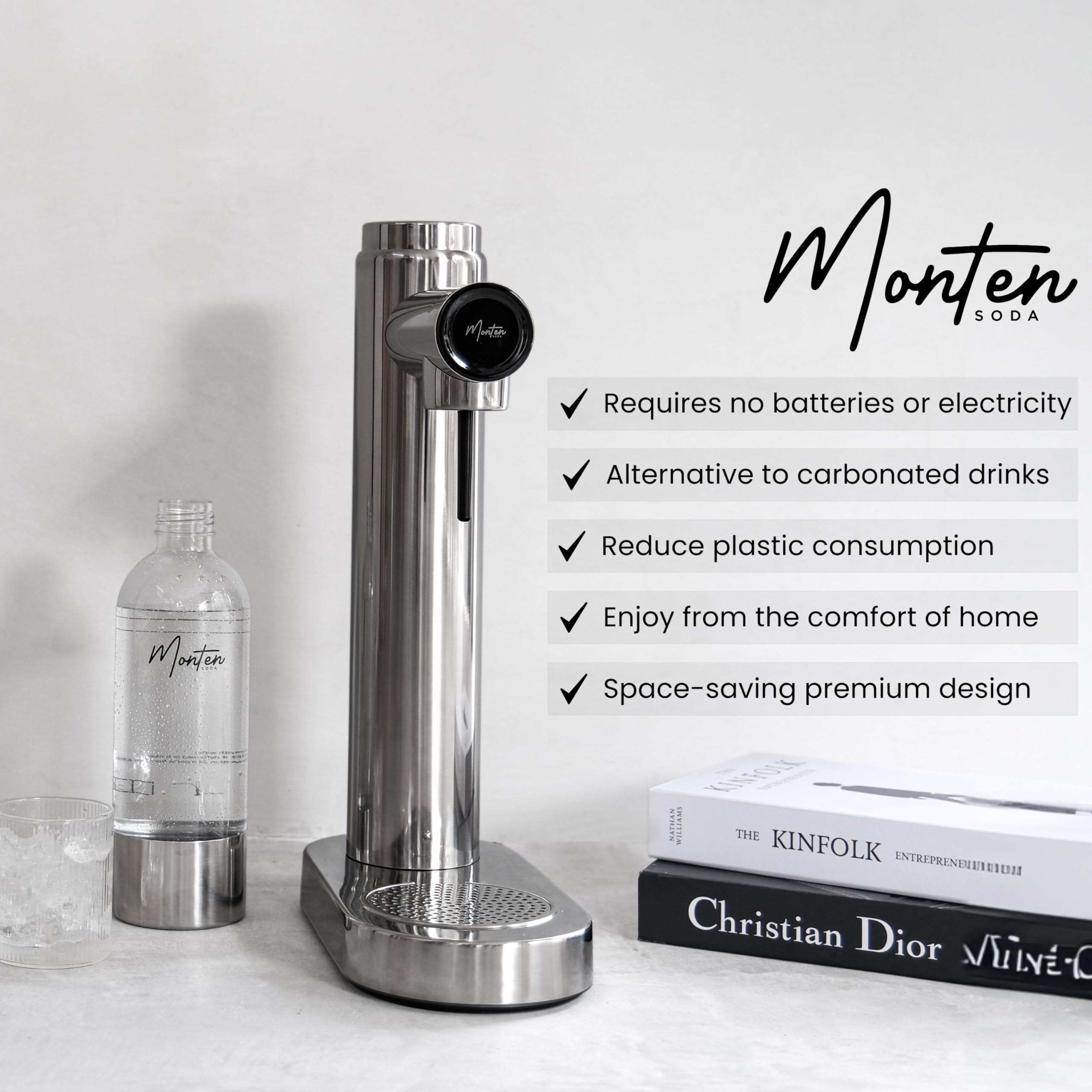 Premium Polished Steel Sparkling Water Maker Kit - Includes 60L SodaSense CO2 Cylinder & 900ML Reusable PET Bottle - Eco-Friendly Home Carbonation System - Perfect for Making Healthy Sparkling Water, Soda, and Cocktails at Home