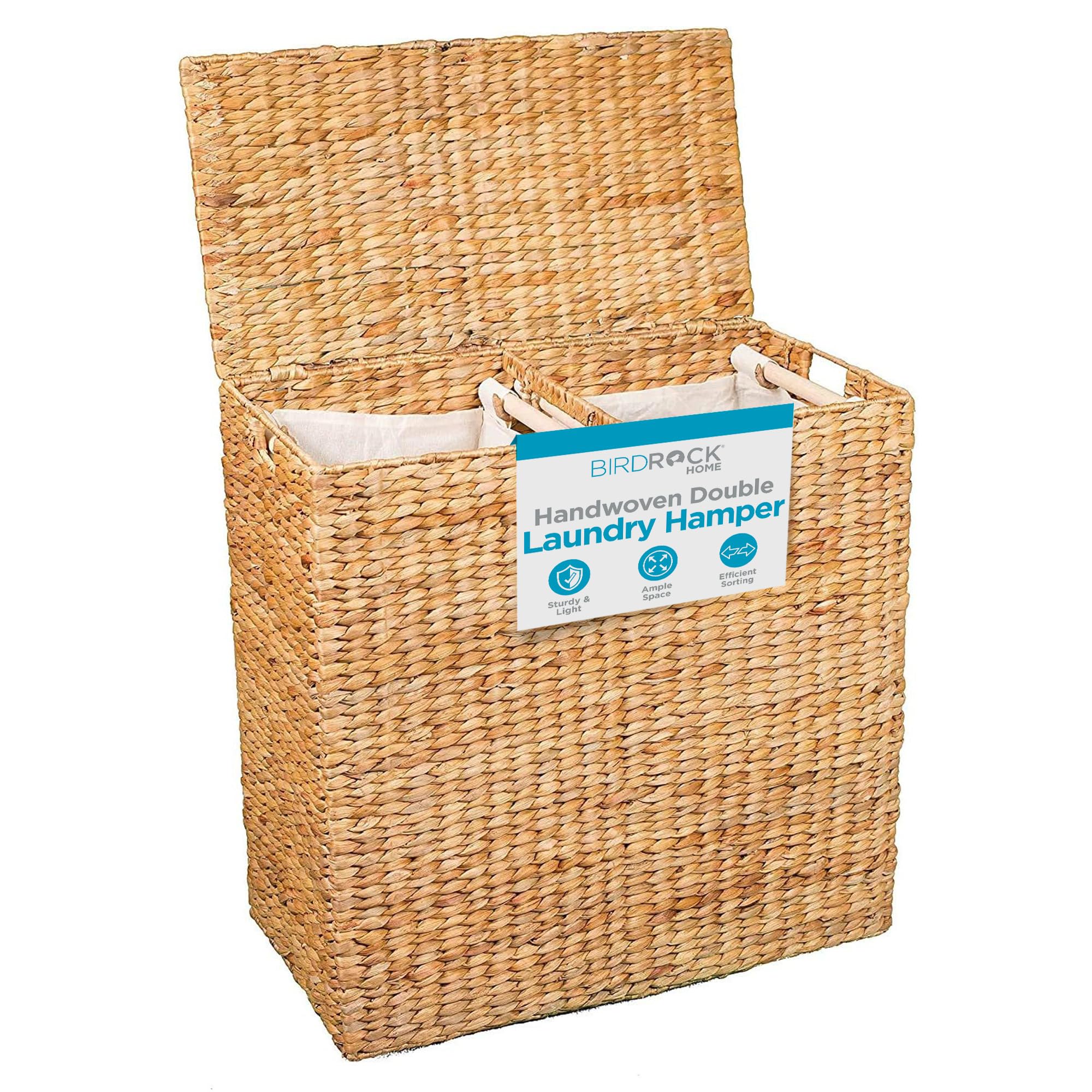 BIRDROCK HOME Handwoven Double Laundry Hamper with Removable Liner Bags & Lid - Natural Woven Laundry Basket for College Dorm, Bathroom, Bedroom | Clothes Storage & Organization Solution for Home, Apartment, or Shared Spaces