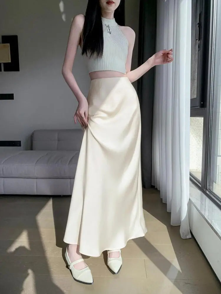 Beige & Black High Waist Mermaid Wrap Skirt for Women - Elegant Long Vacation Skirt, Sexy Summer Streetwear Fashion (Perfect for Beach Outings, Date Nights & Spring Travel)
