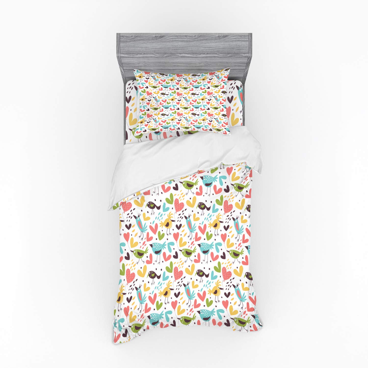 Ambesonne Cartoon Duvet Cover Set - Pale Color Sparrow Kingfishers Hummingbirds & Heart Balloons Design, 3-Piece Twin XL Bedding Set with Pillow Sham & Fitted Sheet, Soft & Breathable for Kids Room, Guest Bedroom or Dorm Decor
