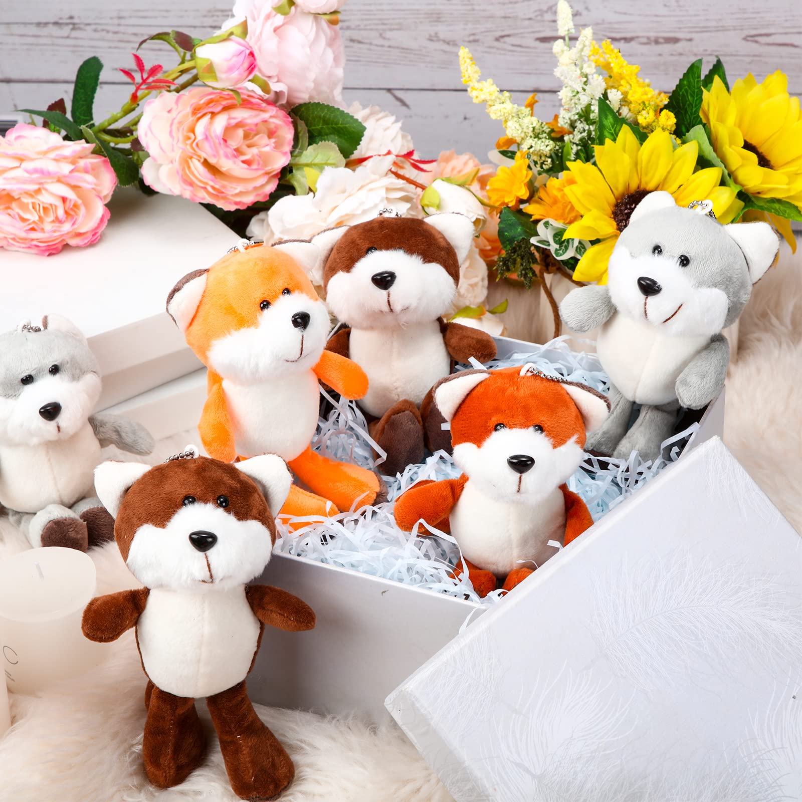 12 Pack Mini Plush Animal Toys - 4 Inch Cute Stuffed Turtle, Puppy, Dog, Pig Keychain Pendants for Birthday Party Favors, DIY Home Decor & Handbag Charms (Fox Style) | Perfect for Kids Gifts, Party Giveaways & Room Decoration