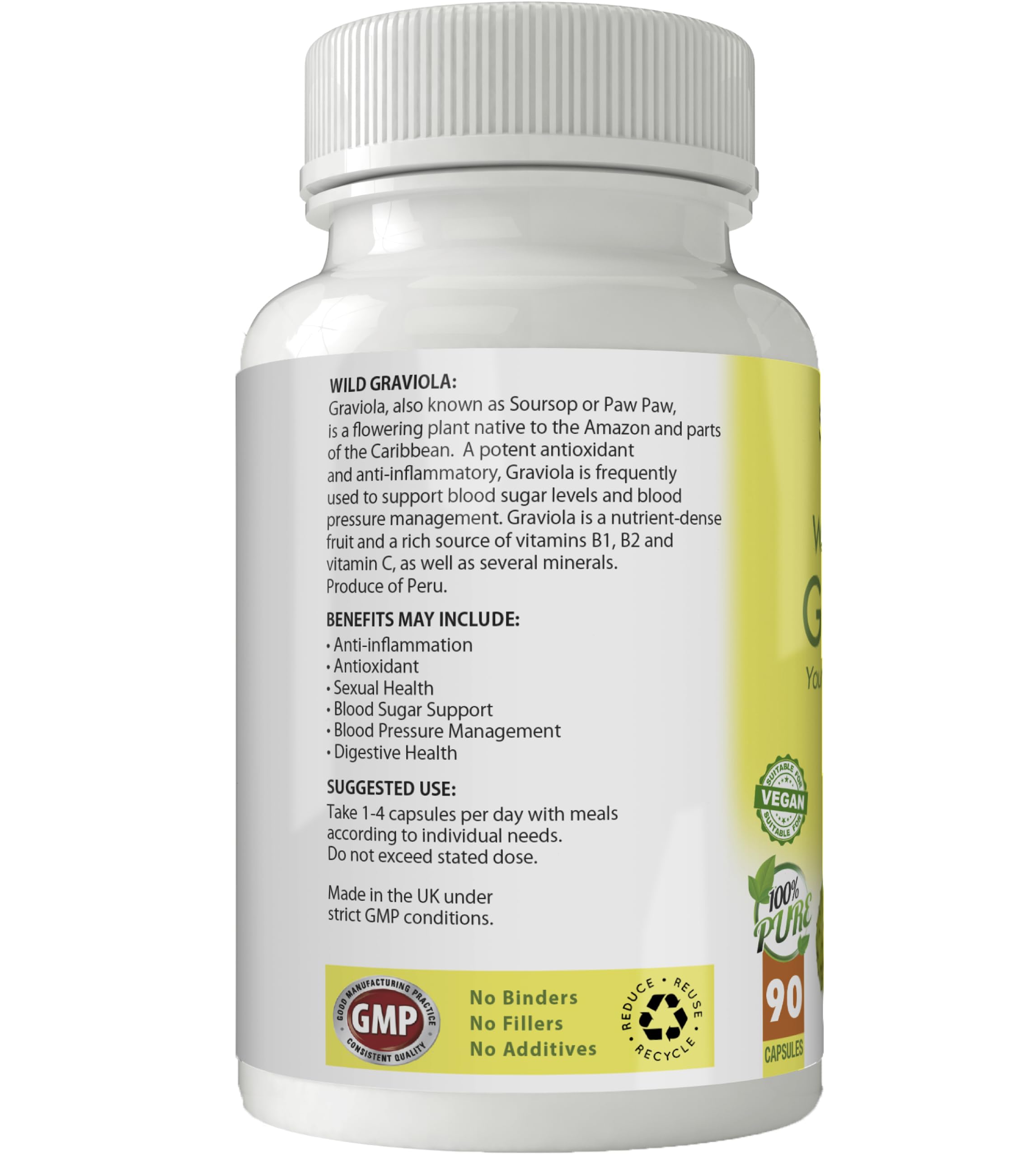 Organic Wild Harvested Graviola (Soursop) Capsules 500mg - 90 Count | Antioxidant Rich, Supports Heart Health | Gluten Free, Non-GMO, Vegan Supplement | Great for Daily Wellness & Immune Support