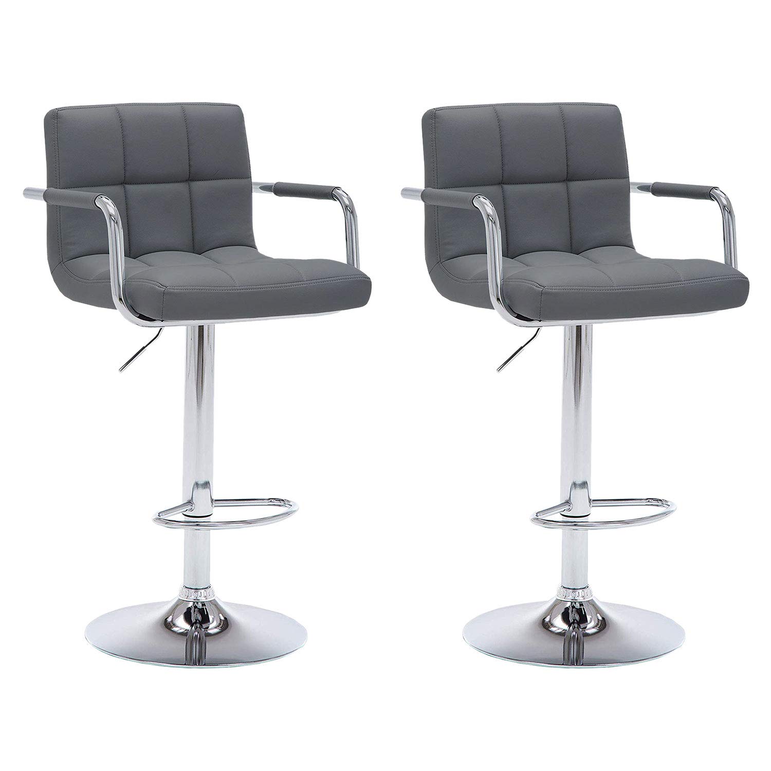Modern Adjustable Bar Stools Set of 2 - Grey Kitchen Counter Stools with Armrests, 360° Swivel Seat, Footrest & Height Adjustment - Perfect for Breakfast Bars, Kitchen Islands & Home Bars