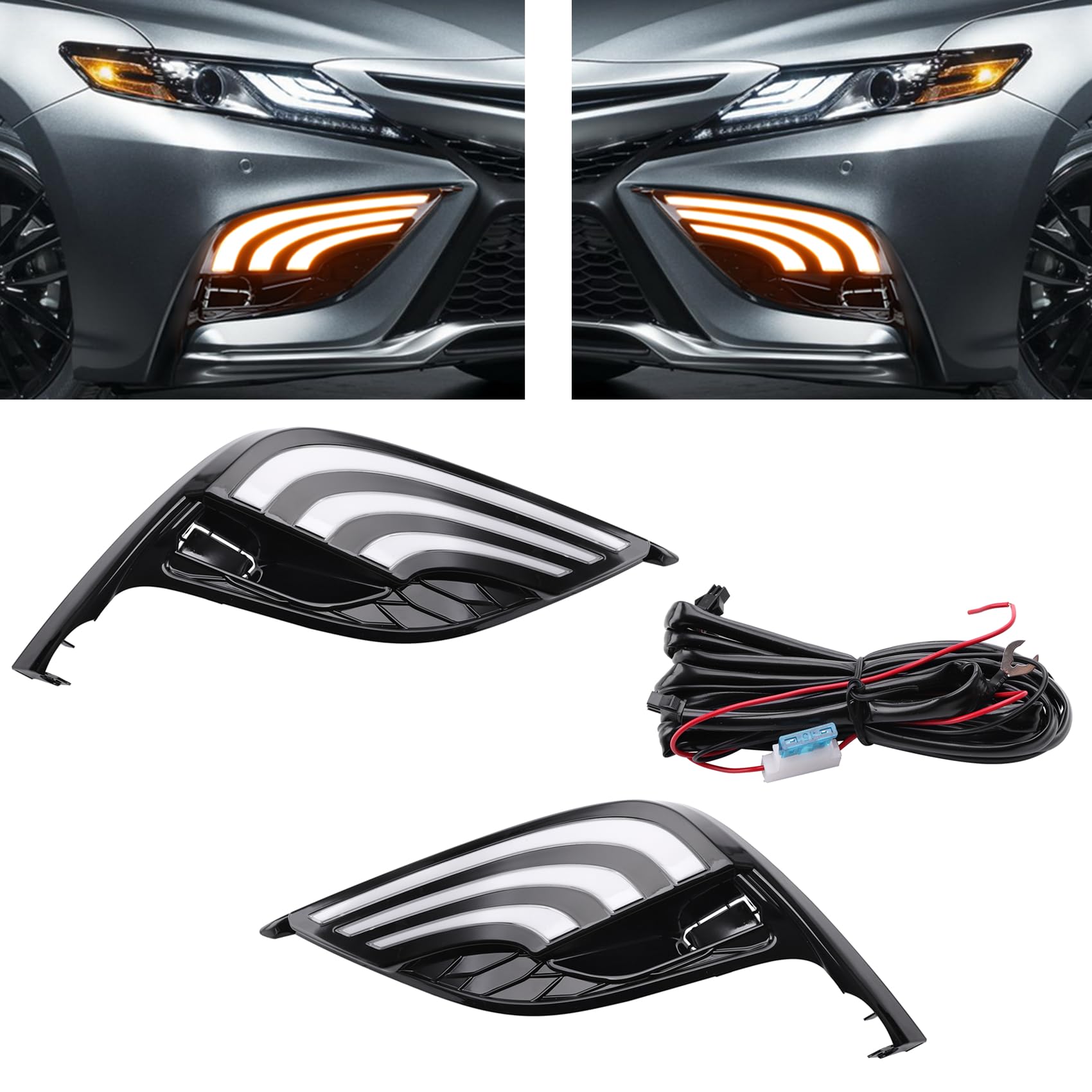 MotorFansClub LED White & Amber Sequential Turn Signal Lights - Compatible with Toyota Camry SE XSE 2021-2024 - DRL Daytime Running Lights & Fog Lights Replacement - Perfect for Night Driving & Enhanced Visibility