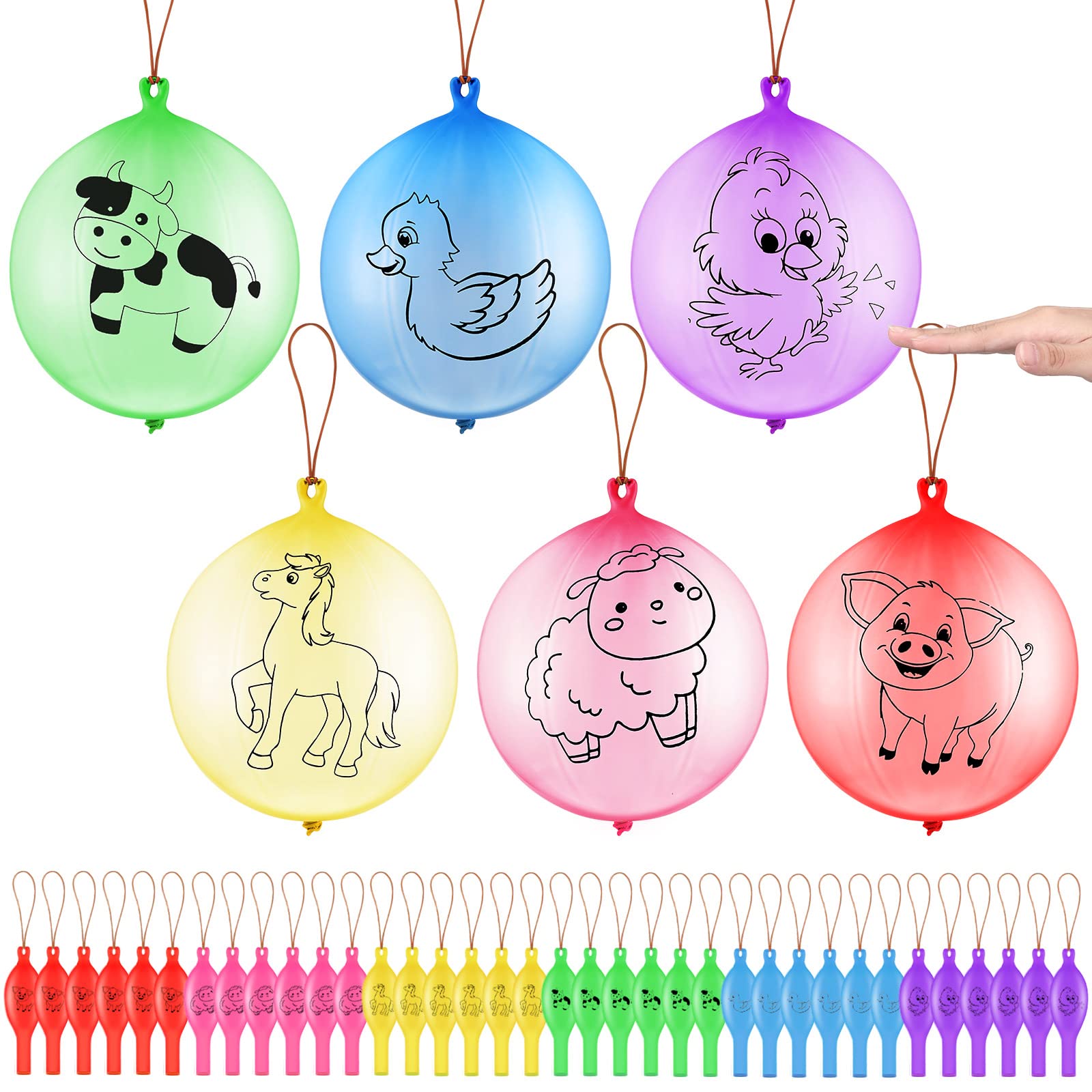 36 Pcs Farm Animal Punch Balloons with Rubber Band Handles - Fun Barnyard Party Favors for Kids Birthday, Animal Themed Decorations - Perfect for Birthday Parties, Carnival Games, and Outdoor Playtime