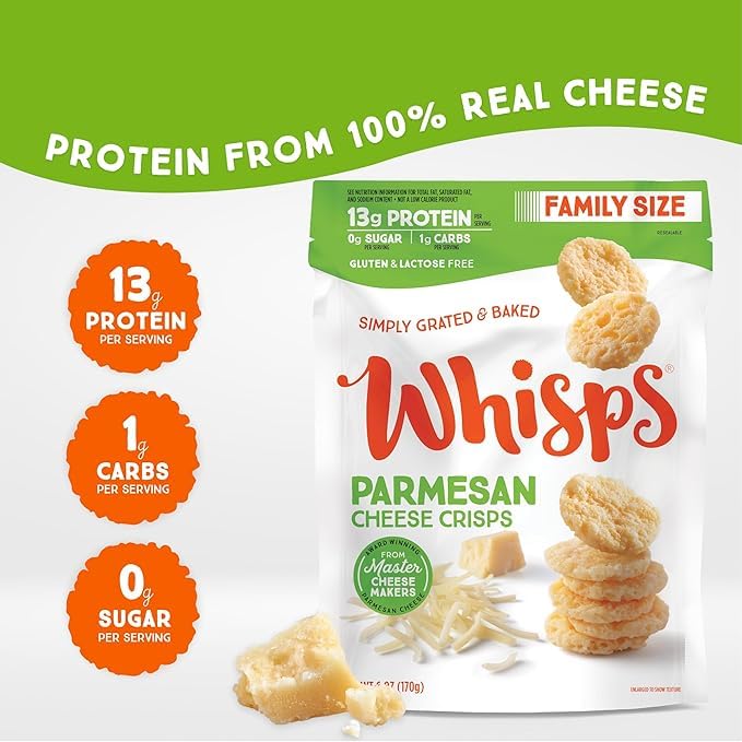 Whisps Parmesan Cheese Crisps - High Protein, Low Carb Keto Snacks | Gluten Free Protein Chips for Healthy Lifestyle | Perfect for On-the-Go, Office Snacking & Weight Management (6 Oz, 2 Pack)