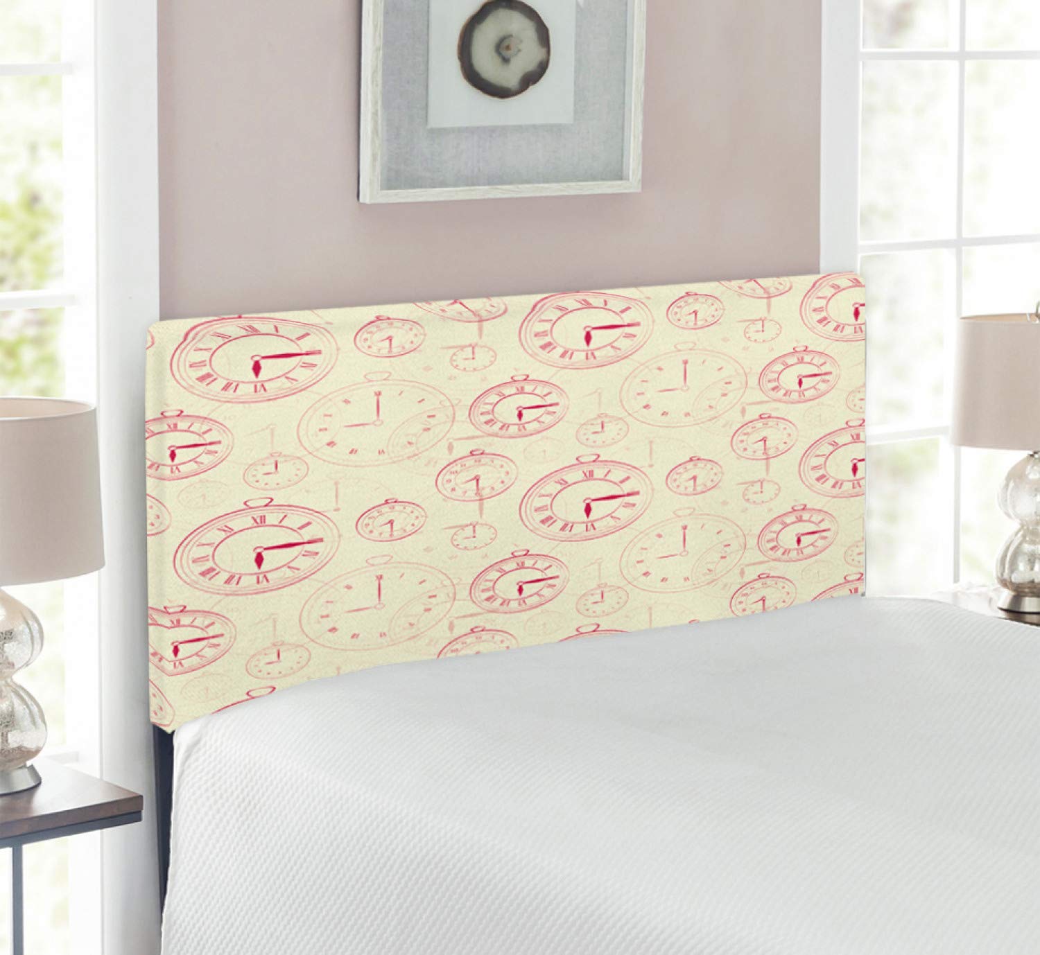 Ambesonne Vintage Watches Roman Numerals Metal Headboard - Twin Size Upholstered Bed Frame with Memory Foam in Pale Yellow Magenta | Antique Clock Design for Bedroom Decor, Guest Room & Dormitory
