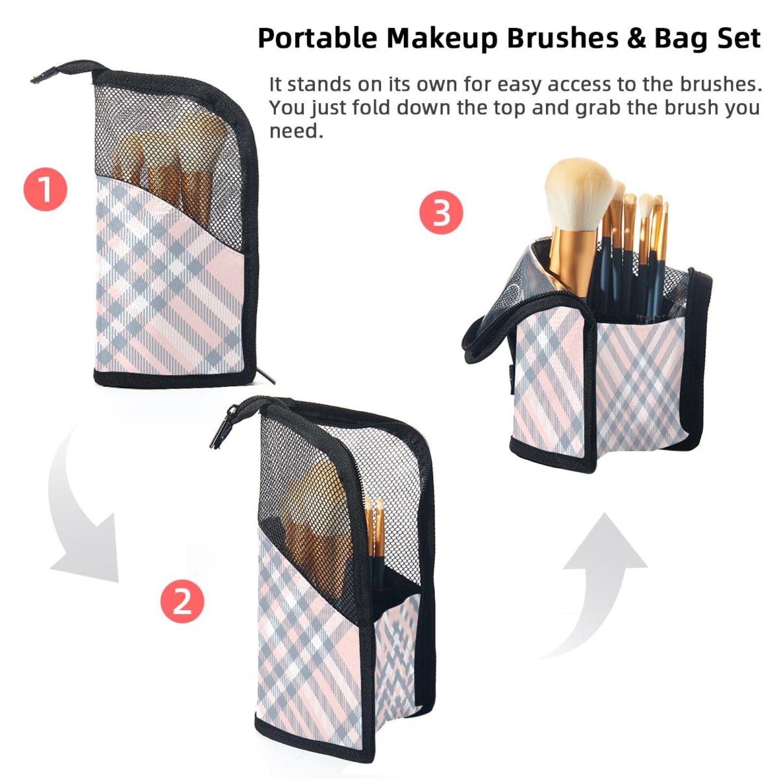 12-Piece Pink Plaid Makeup Brush Organizer Bag - Portable Travel Makeup Brush Holder Case for Professional & Home Use