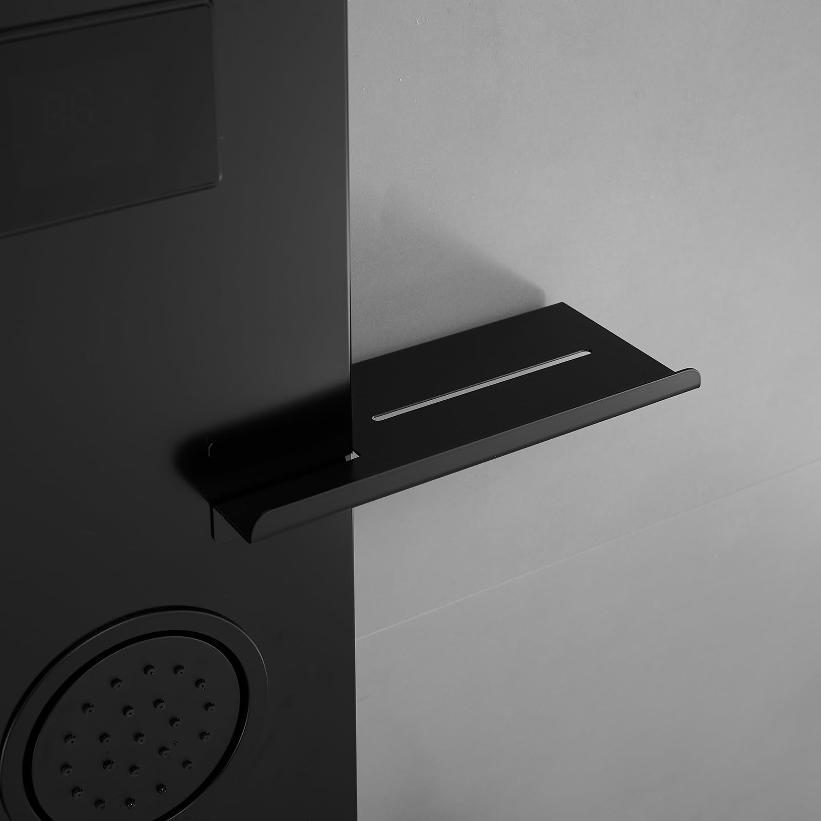 Premium Matte Black LED Shower Panel System with Rainfall Shower Head, Handheld Massage Jets & 304 Stainless Steel Storage Shelf - Modern Waterfall Bathtub Upgrade for Luxury Spa-Like Bathroom Experience