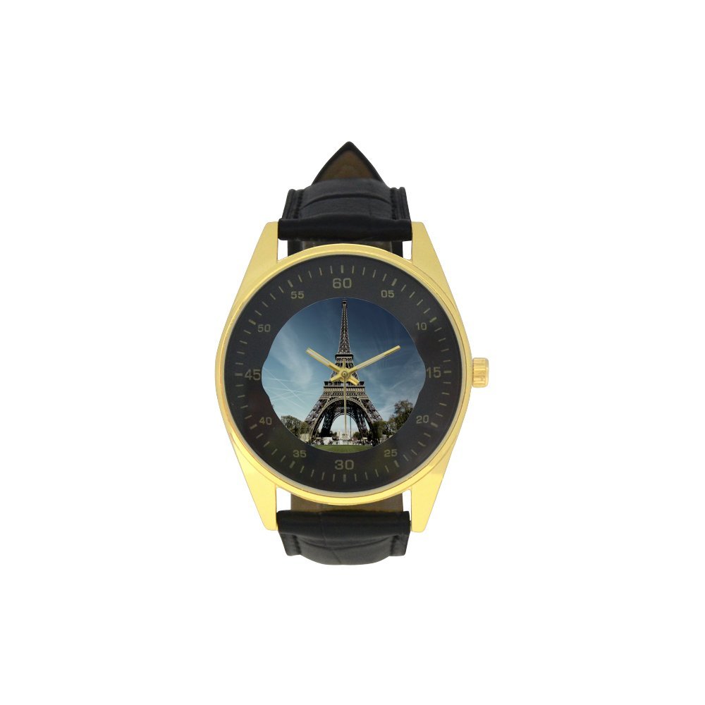 Luxury Men's Golden Leather Strap Watch with Eiffel Tower Design - Elegant Dress Watch for Business, Formal Events & Gifts