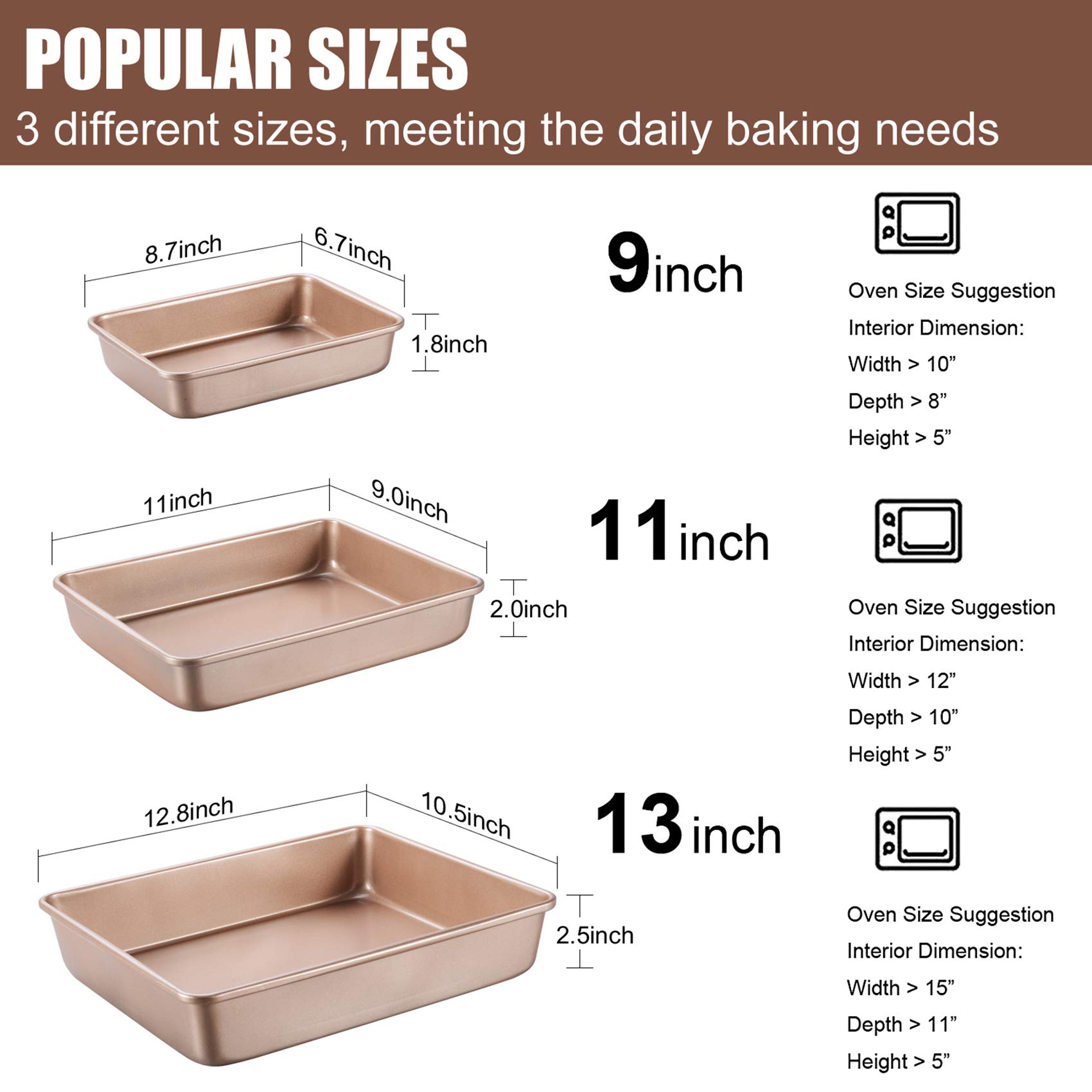 Nonstick Deep Baking Pan Set - 3 Piece Rectangular Cake Bakeware for Oven, Gold (Perfect for Cakes, Brownies & Sheet Pan Meals)