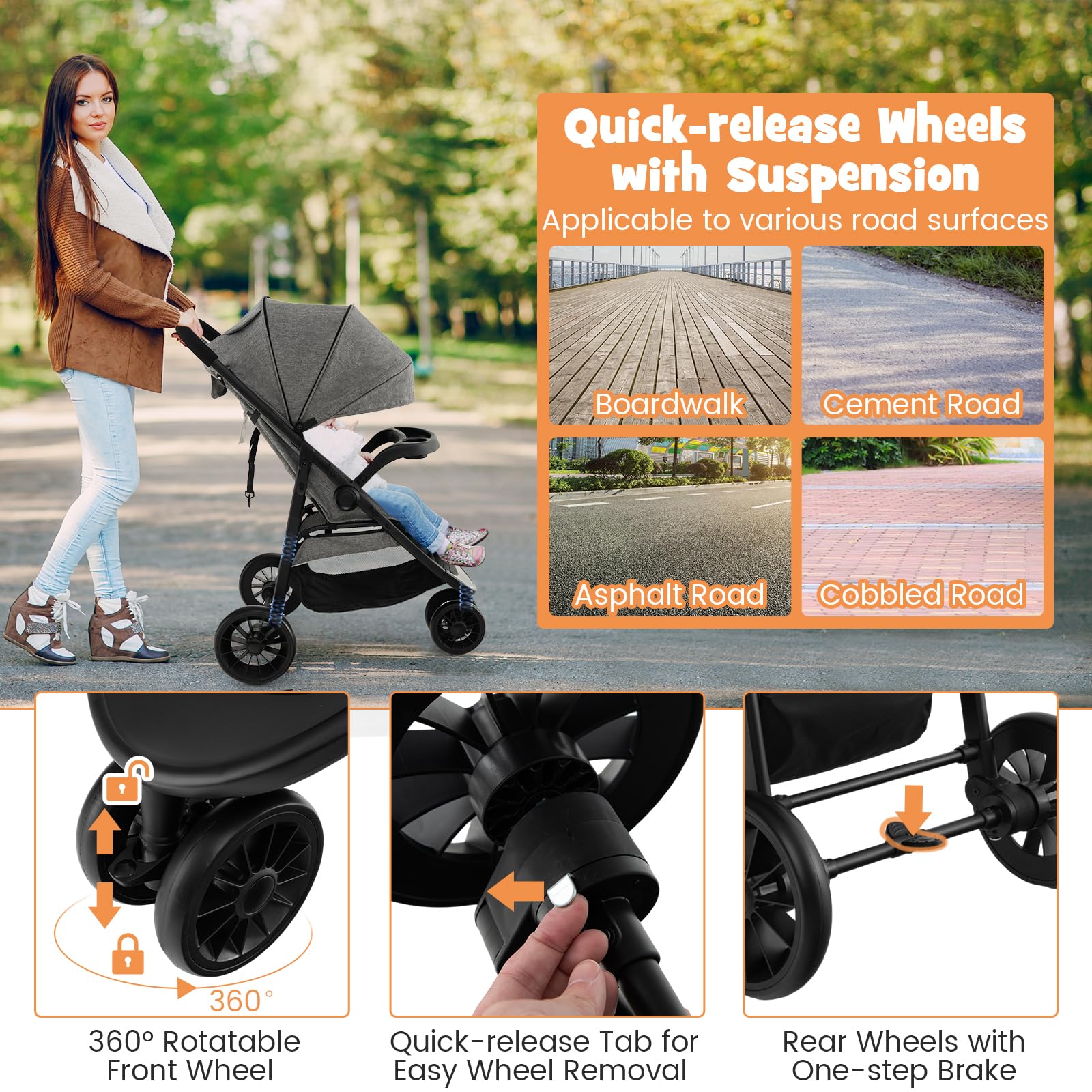 **HONEY JOY Lightweight Jogging Stroller for Toddlers & Infants - Adjustable Canopy, One-Hand Fold, All-Terrain Wheels - Perfect for Running, Hiking & Outdoor Adventures (Gray)**    *(Ideal for active parents, park walks, jogging trails, and family travel - comfortable for boys & girls!)*
