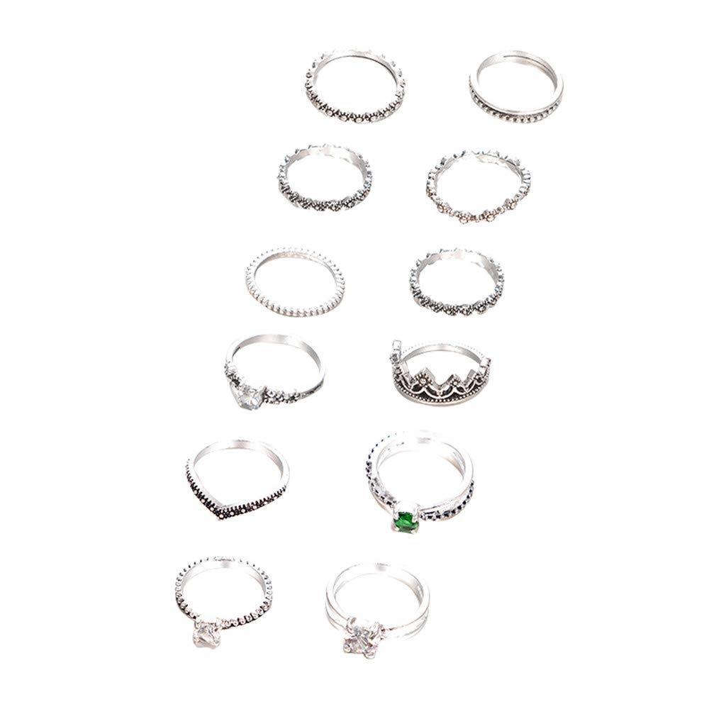 12PC Bohemian Crystal Vintage Knuckle Ring Set for Women - Stackable Silver Rings, One Size - Perfect for Boho Fashion, Layering & Everyday Wear
