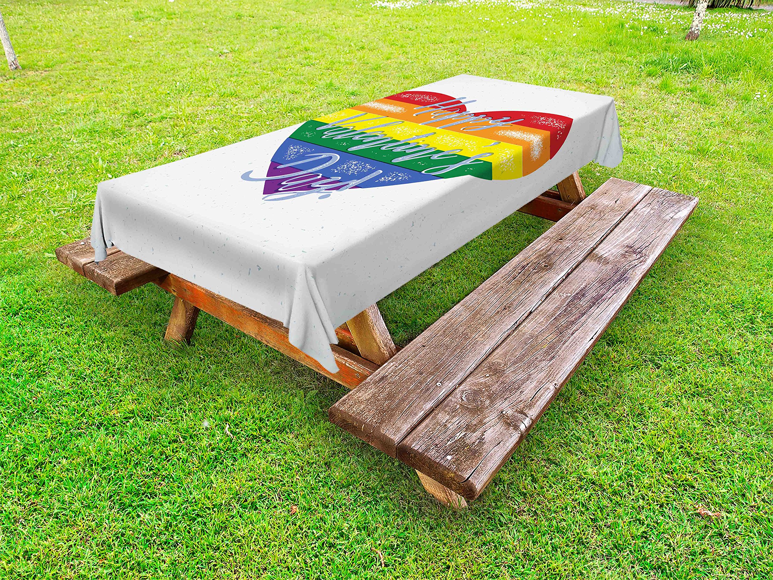 Vintage Rainbow Outdoor Tablecloth with Happy Valentine's Day Words - Colorful Distressed Heart Design for Gay Couples & LGBTI - Washable Picnic Table Cover 58