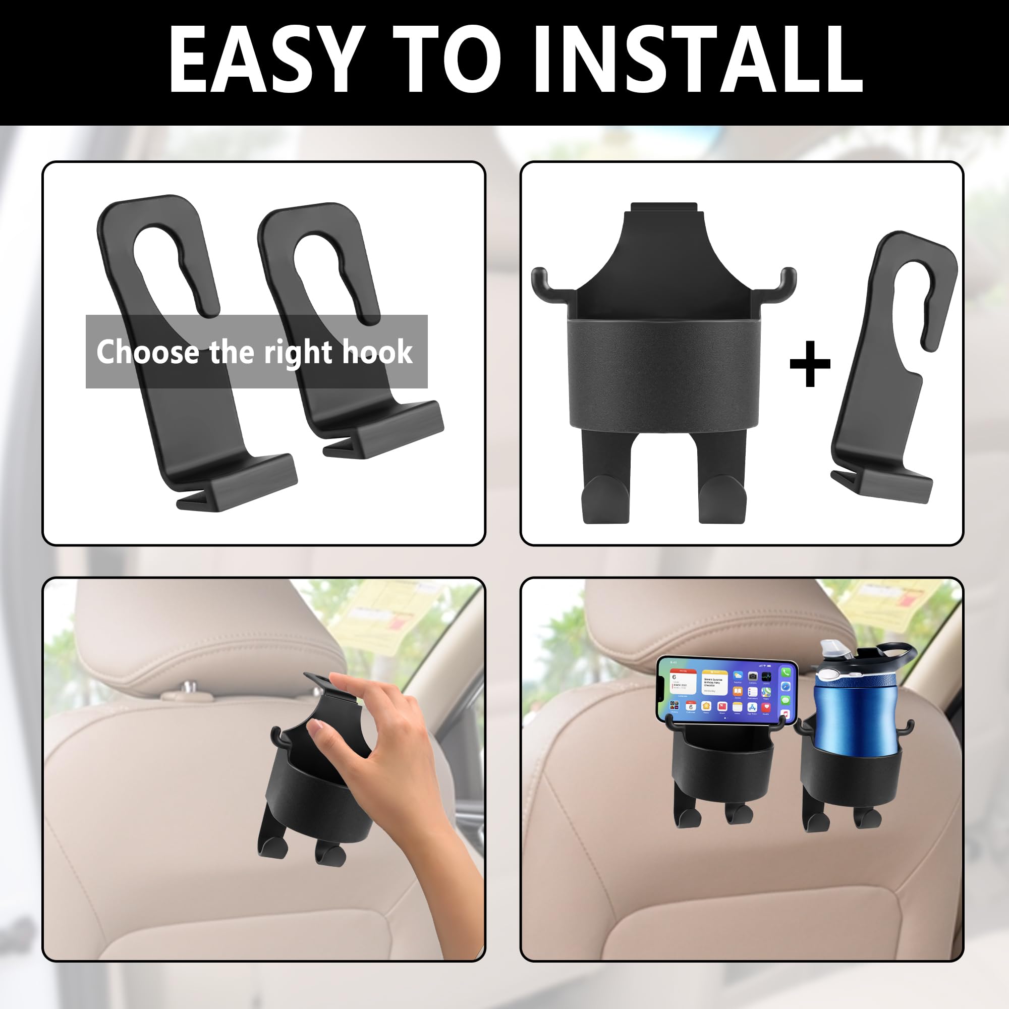2PCS Universal Car Back Seat Cup Holder with Hooks - Multifunctional Organizer for Phone, Keys, Wallet & Umbrella - Durable Car Accessories for Men & Women - Perfect for Road Trips, Commuting & Family Travel