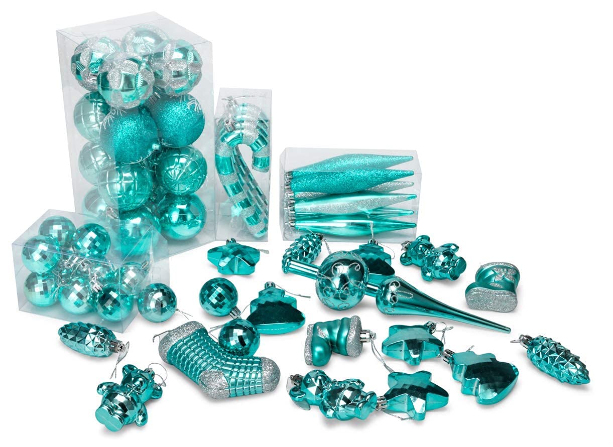 54-Piece Assorted Christmas Ornaments Set - Turquoise Blue Tree Decorations with Gift Box | Holiday Home Decor, Xmas Party & Festive Gift Idea