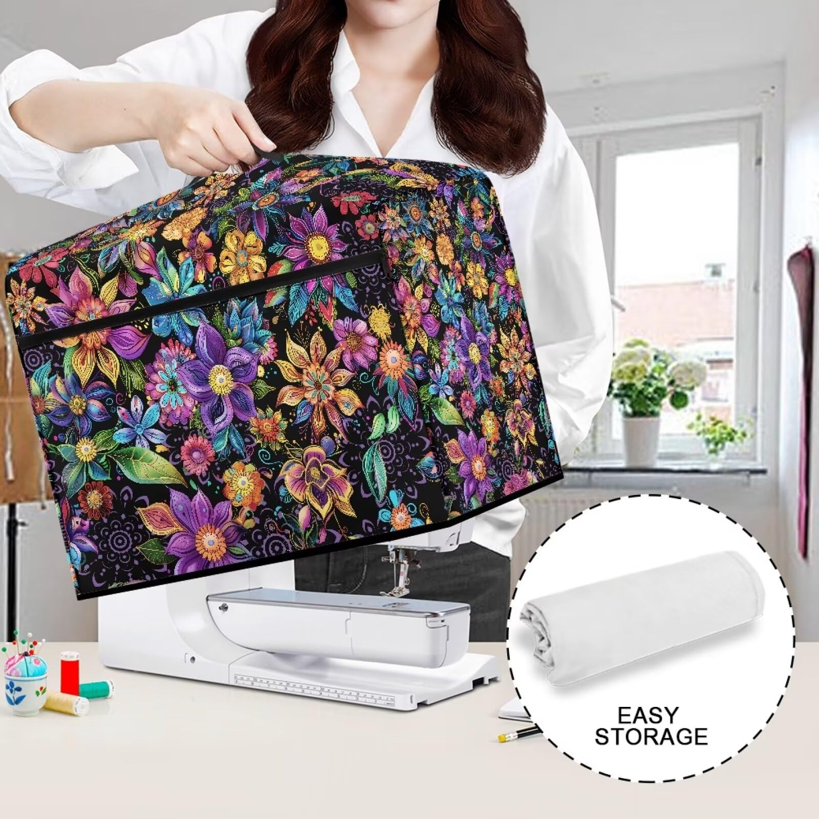Bohemian Floral Sewing Machine Cover with Storage Pockets - Dustproof Protective Case for Brother, Singer & Janome - Washable Fabric for Easy Cleaning - Perfect for Home Studios & Craft Rooms