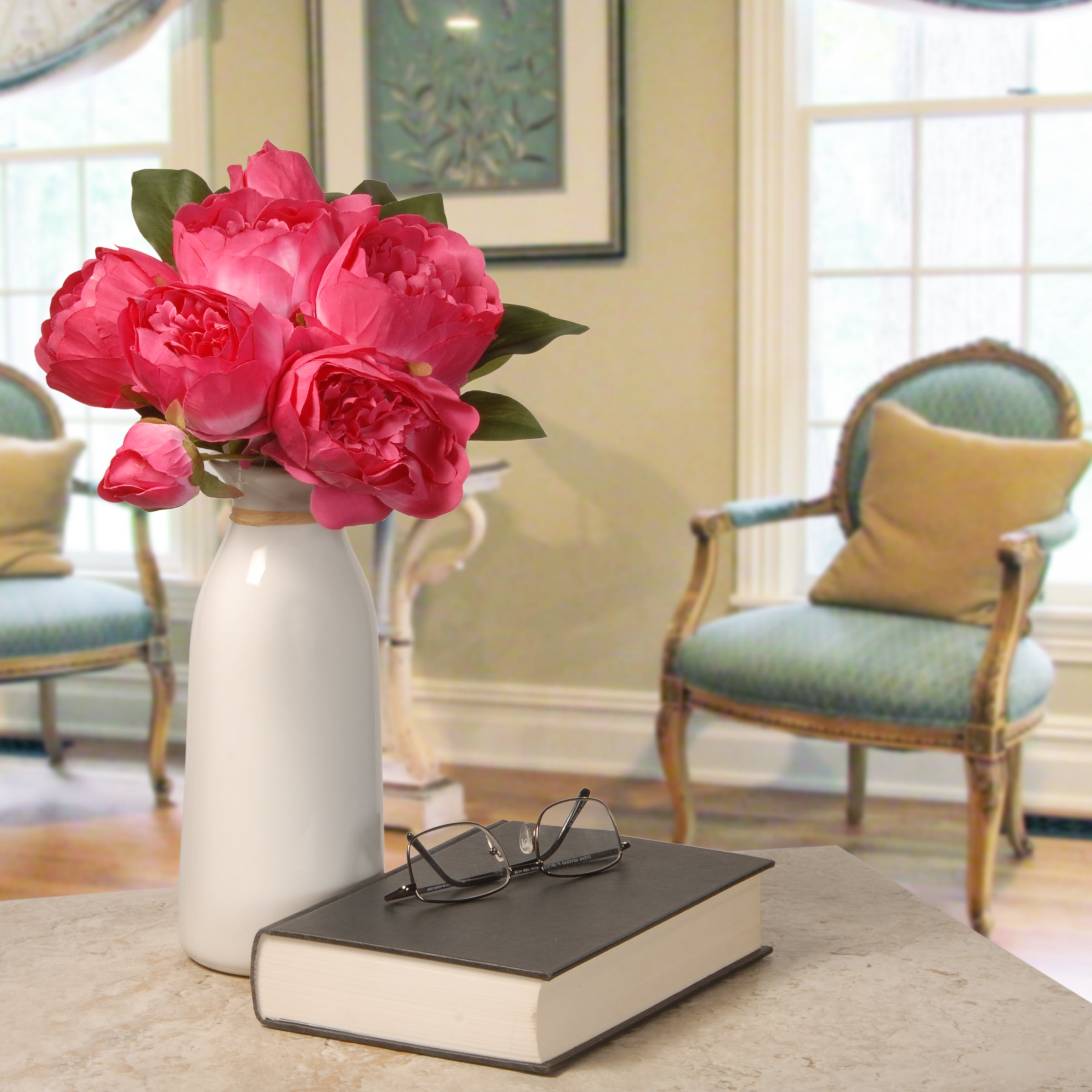 14 Inch Spring Floral Bouquet with Bright Pink Peony Blooms and Leafy Greens - Perfect for Home Decor, Wedding Centerpieces, and Party Arrangements