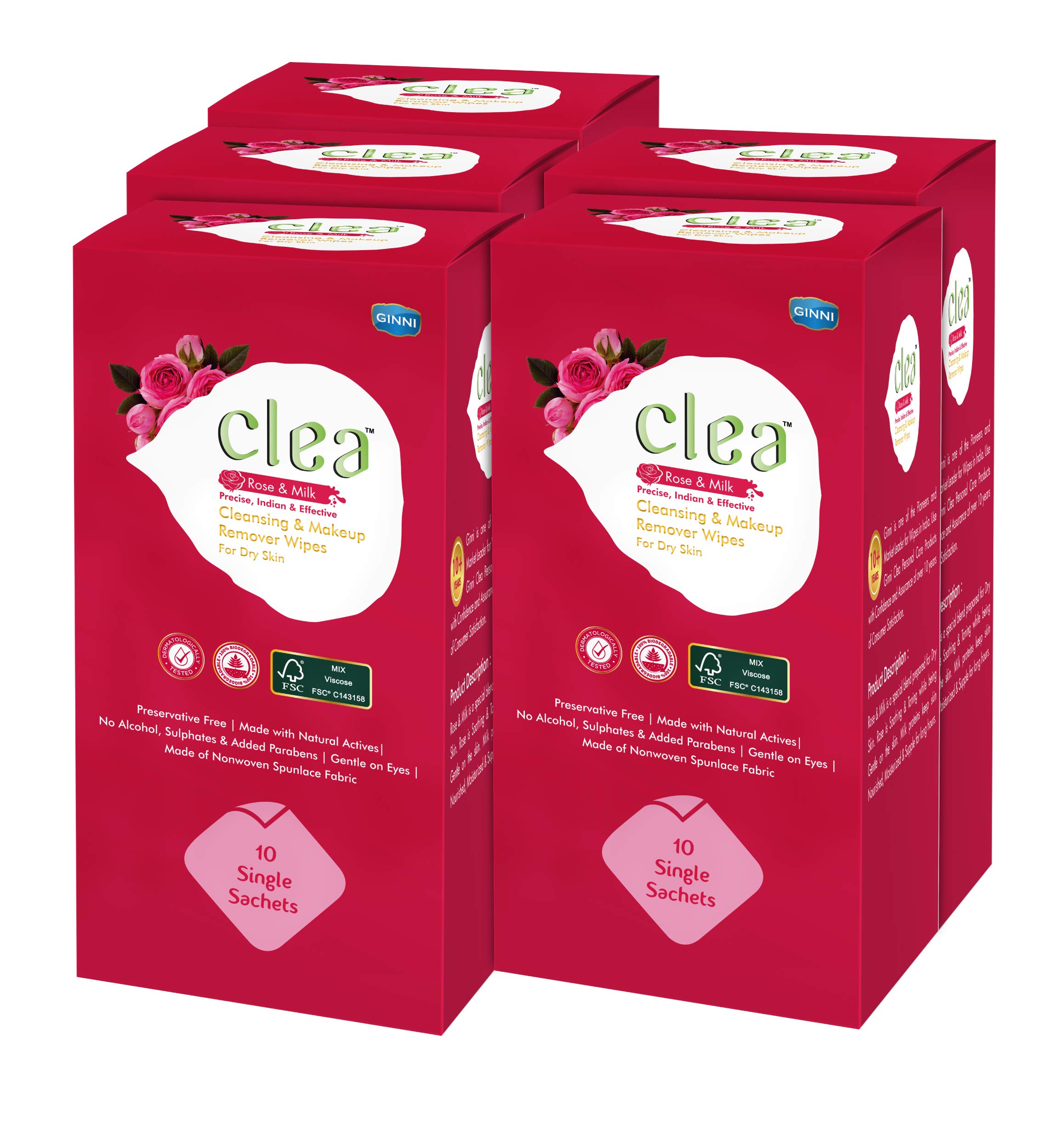 **Clea Rose & Milk Cleansing Makeup Remover Wipes for Dry Skin - Hydrating, Soothing, Nourishing Facial Wipes - Pack of 5 (50 Wipes Total) - Perfect for Travel, Gym & Daily Skincare Routine**