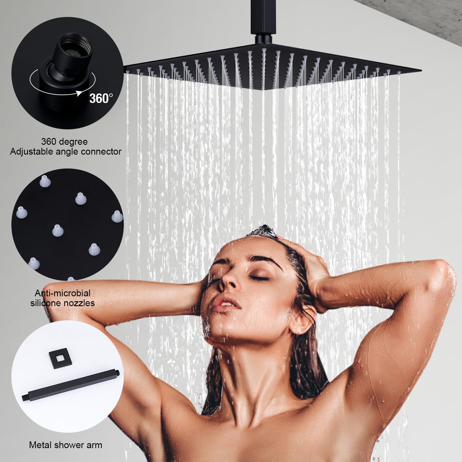 10 Inch Square Ceiling Mount Rainfall Shower System - SUS304 Stainless Steel Shower Faucet Set with Black Trim Kit for Modern Bathroom | Perfect for Spa-Like Experience & Luxury Home Renovation