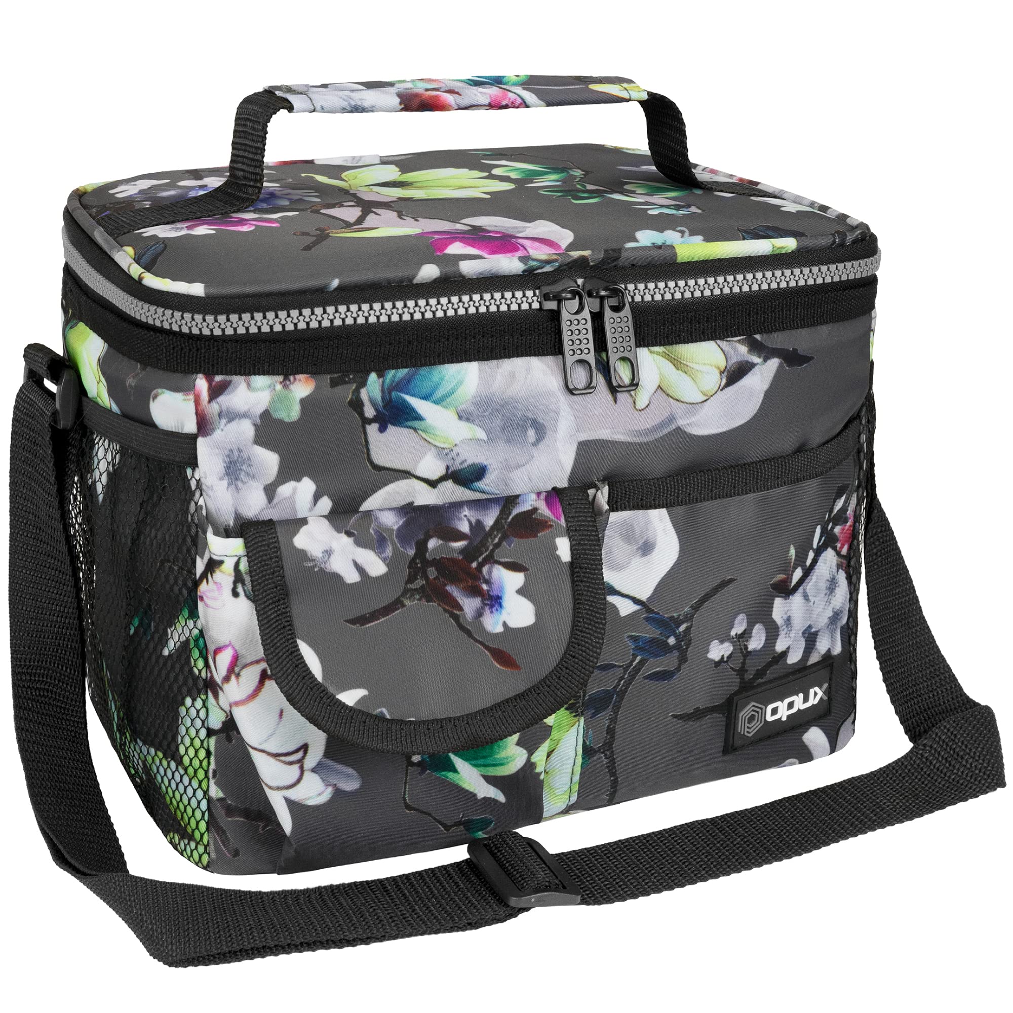 OPUX Insulated Lunch Bag for Men & Women - Leakproof Floral Grey Lunch Box for Work & School - Portable Soft Cooler Bag with Adjustable Shoulder Strap - Perfect for Adults & Kids (14 Can/8L Capacity) - Ideal for Office, Picnics, Hiking & Daily Commute