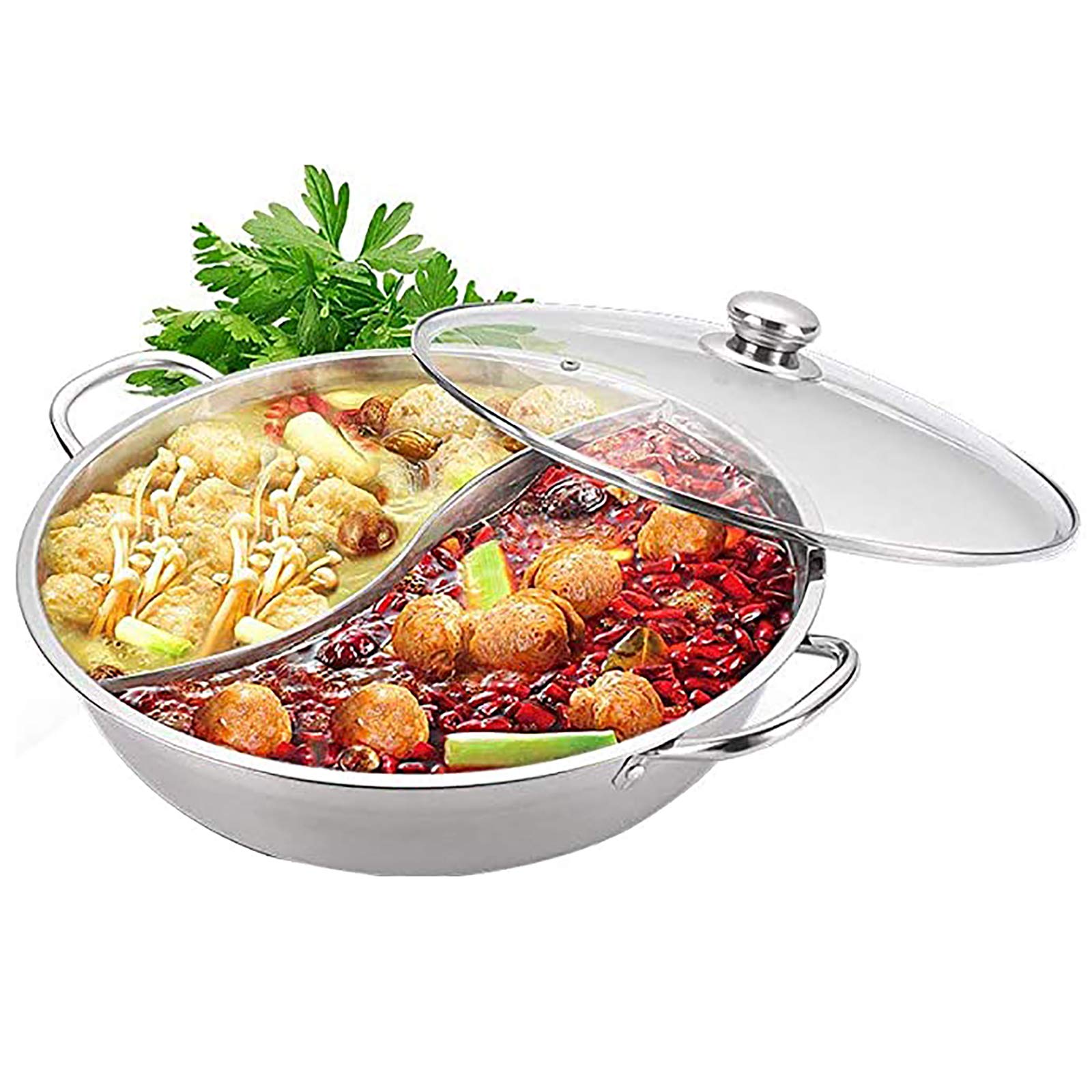 Premium Stainless Steel Shabu Shabu Hot Pot with Lid - Dual Compartment Soup Pot for Induction & Gas Stoves - Heat-Resistant Handles - 34x8cm (13x3inch) Silver - Perfect for Family Dinners, Hot Pot Parties & Asian Cuisine Cooking