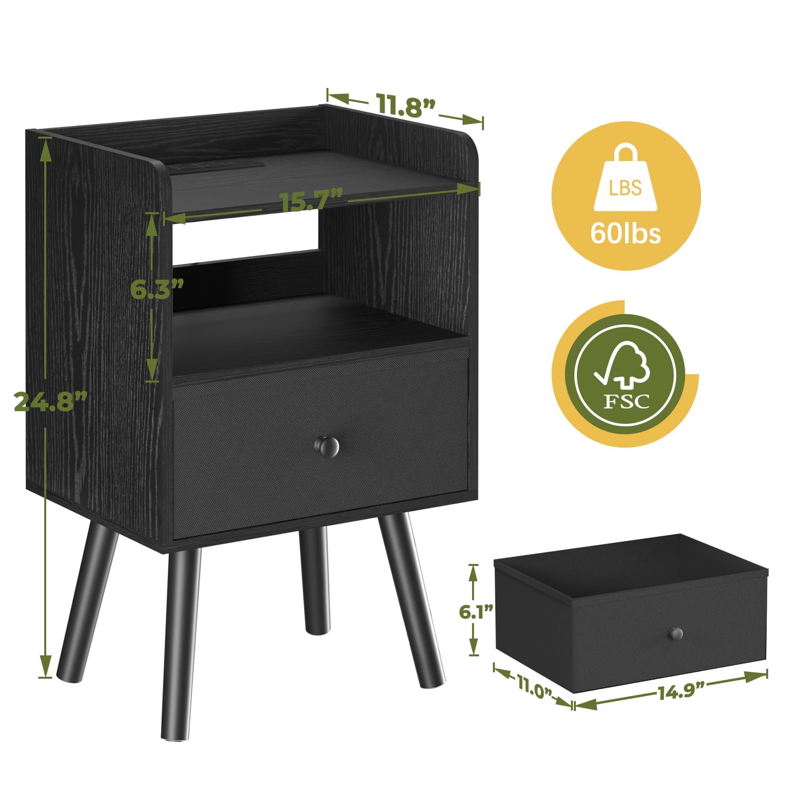 Yoobure Modern Nightstand with Charging Station & LED Lights - Wood Bedside Table with USB Ports, Fabric Drawer & Storage Shelf - Perfect for Bedroom, Office or Home Decor (Night Stand with Convenient Device Charging & Ambient Lighting)