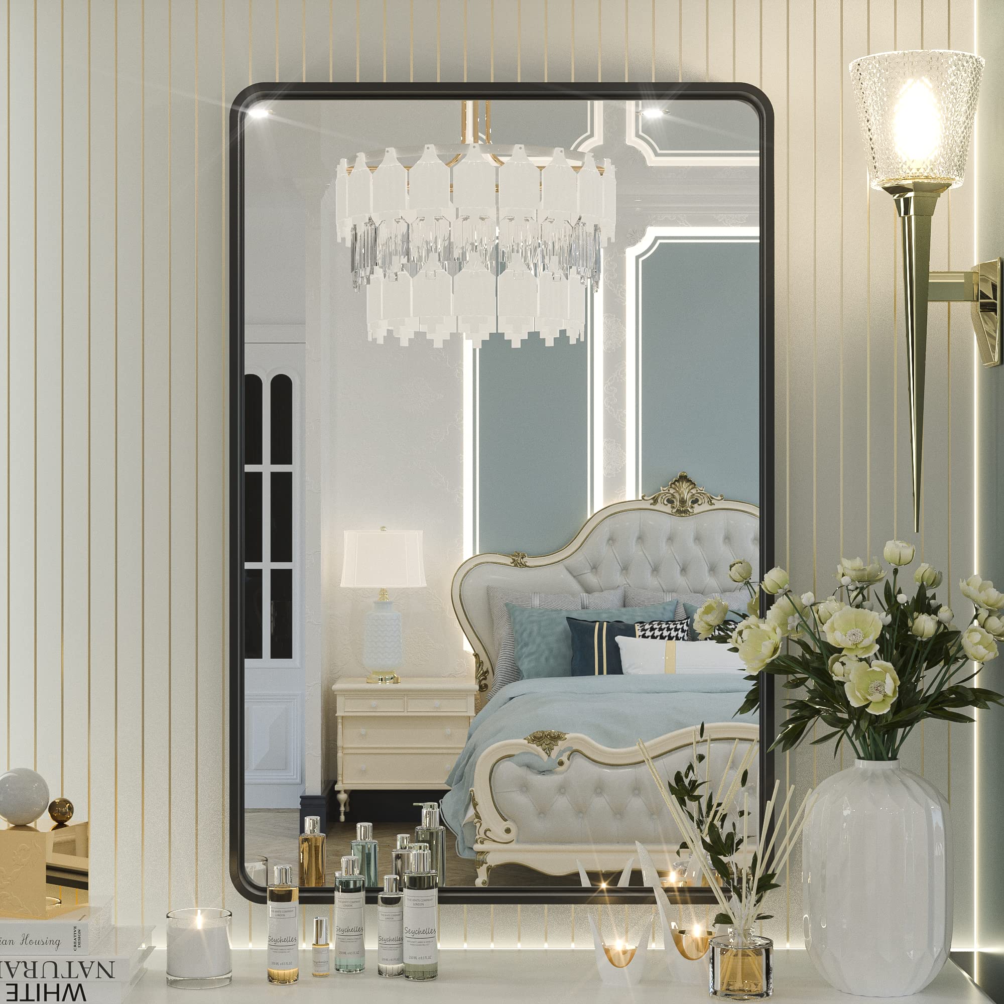 Keonjinn 24x36 Inch Black Framed Wall Mirror - Bathroom Vanity Mirror with Rounded Corners, Horizontal or Vertical Hanging Brackets - Perfect for Bathroom, Bedroom, Entryway & Home Decor