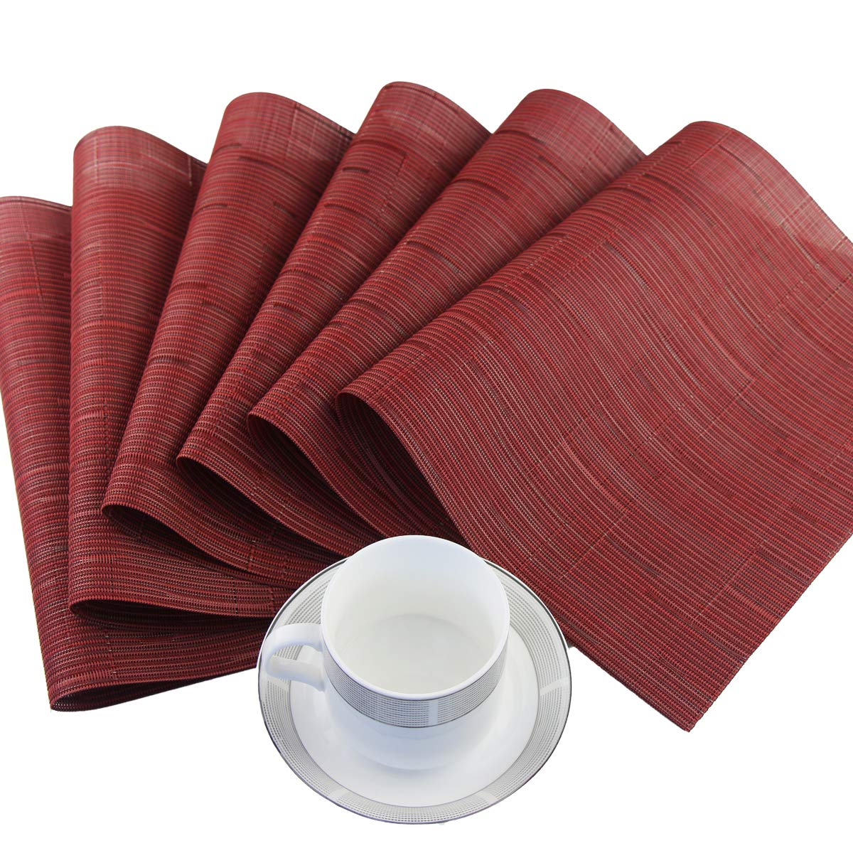 Washable Vinyl Placemats Set of 4 - Burgundy Red Woven Table Mats for Dining, Kitchen & Outdoor Use - Easy to Clean & Durable